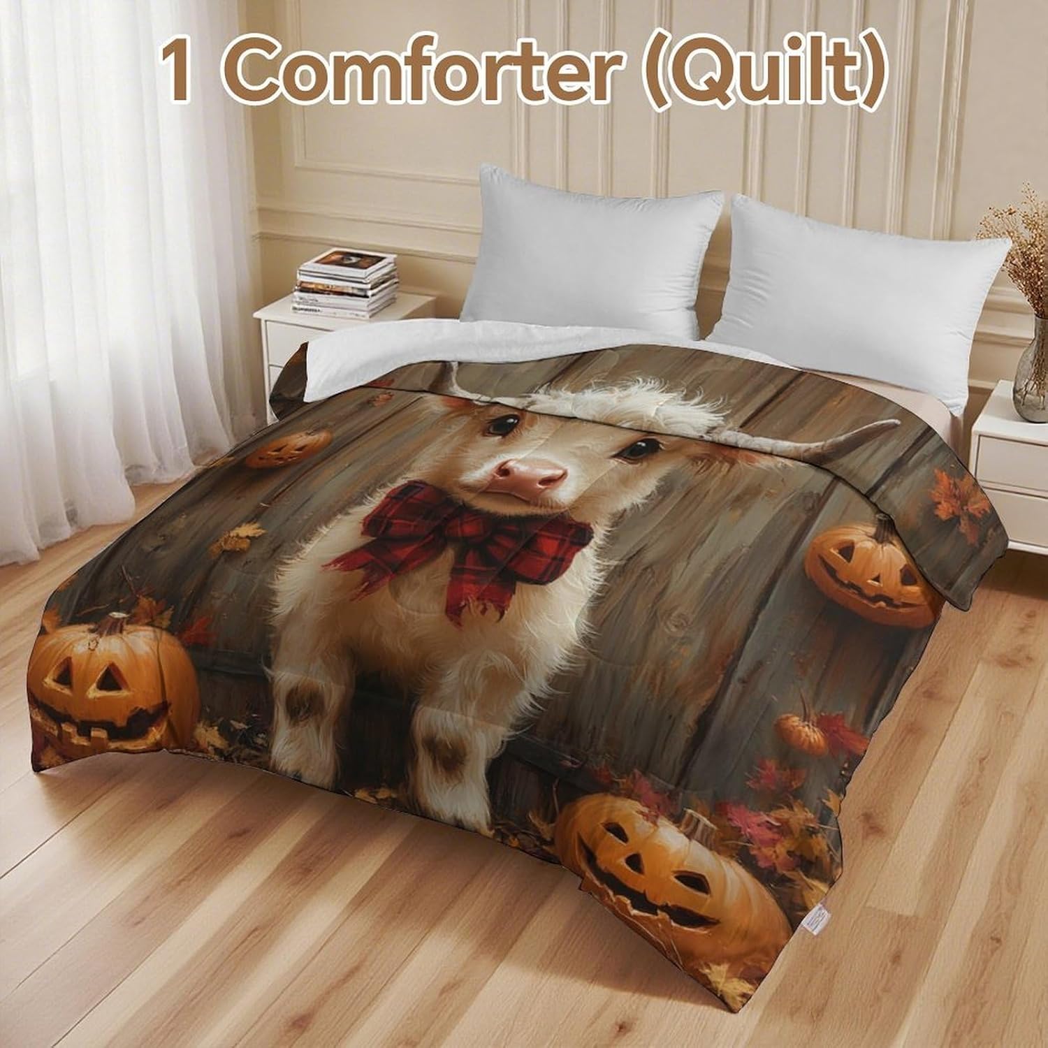 Autumn Cow Pumpkin Comforter Bedding Heavy Bed Blanket Soft Warm Fluffy All Seasons Only Quilt 155x220cm