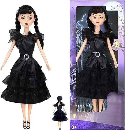 Adms - Juguetes de muñeca de 11.5 pulgadas, las articulaciones pueden moverse y vestidos negros, cabello negro, muñeca de tacones altos negros,