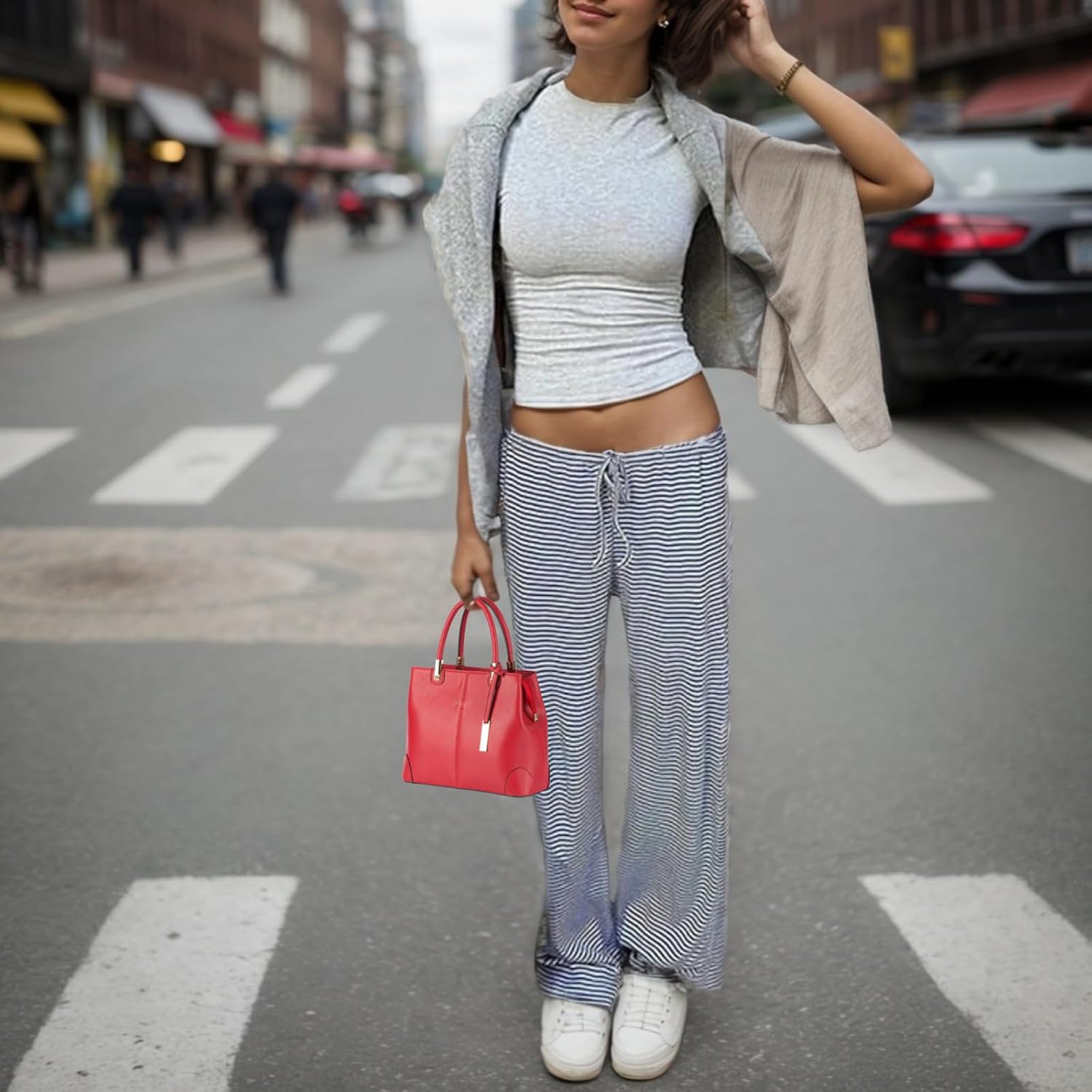 Striped Wide Leg Pants for Women - Casual Loose Fit High-Waisted Drawstring Pajama Pants - Straight Trousers - Image 2