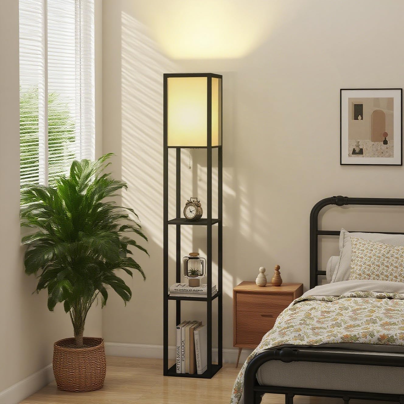 مصباح أرضي مع رفوف خشبية 3 طبقات، LED بثلاث درجات...