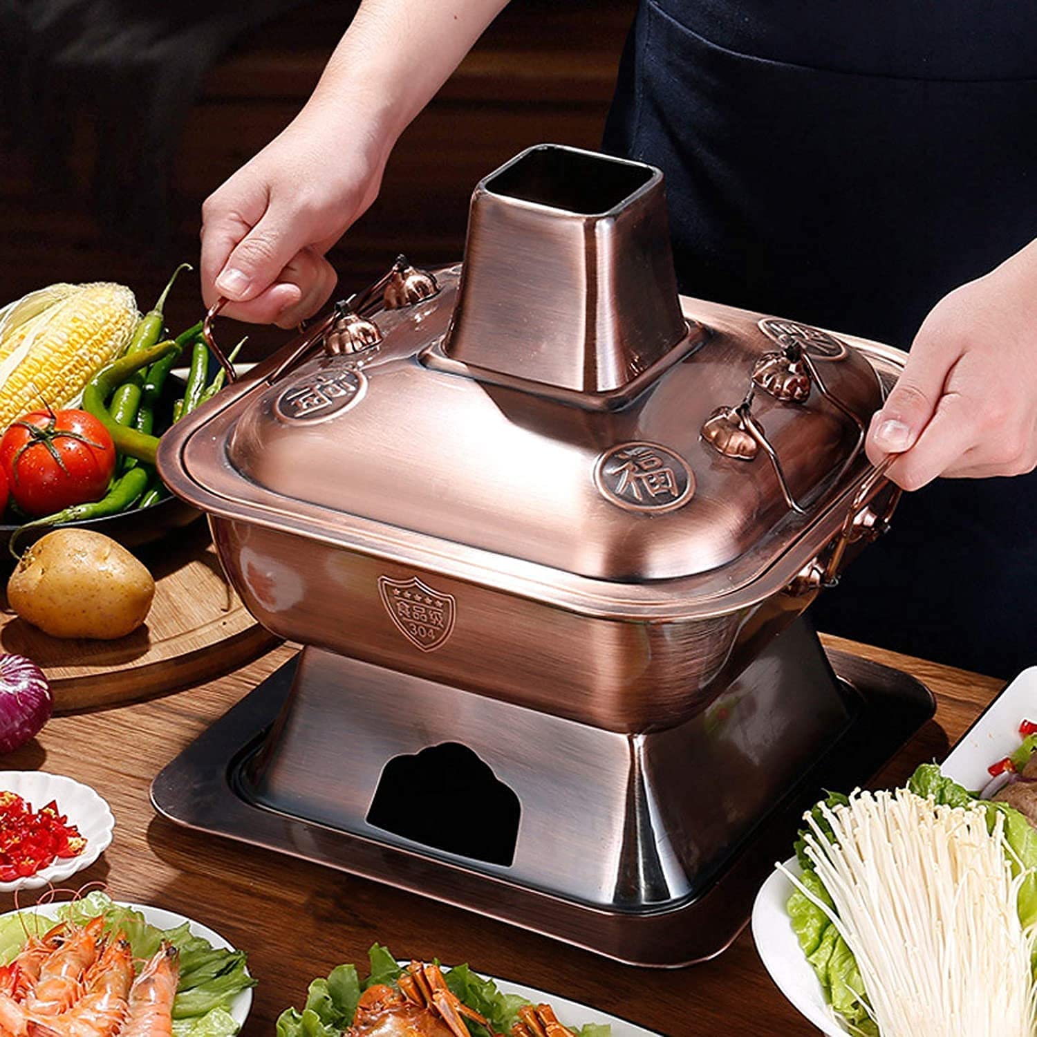 Chinesischer Kupfer-Hotpot – Traditioneller Pekinger Feuertopf, Geteiltes Design, Pure Kupfer-Innenwand – Für Familie, Freunde & Partys