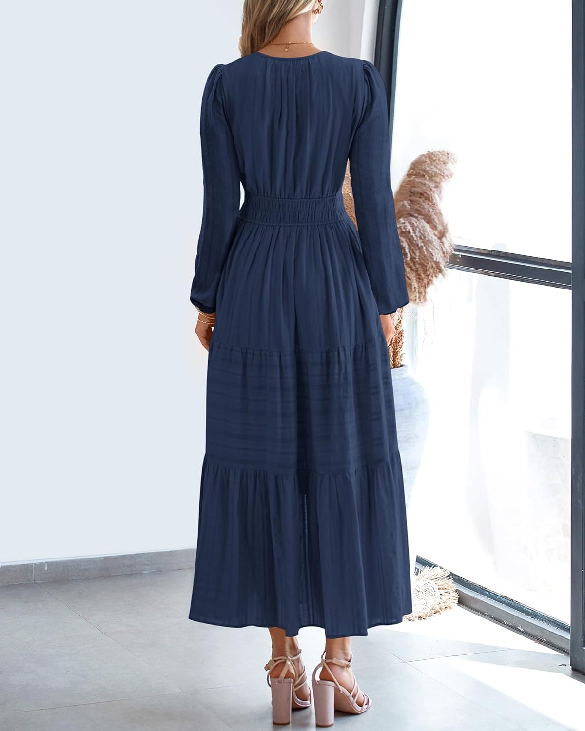 BTFBM Spring Dresses for Women 2026 Casual Long Sleeve V Neck Elastic Waist Lightweight Maxi Wedding Guest Dress Pockets - Image 3