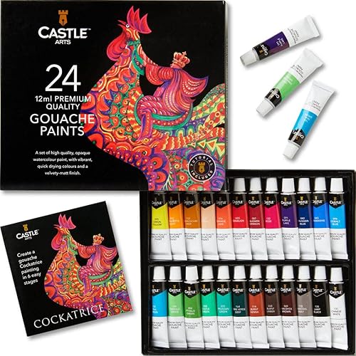 Castle Art Supplies Juego de tubos de gouache de 24 piezas 24 x 04fl oz colores brillantes opacos a base de agua versátil fácil de usar para