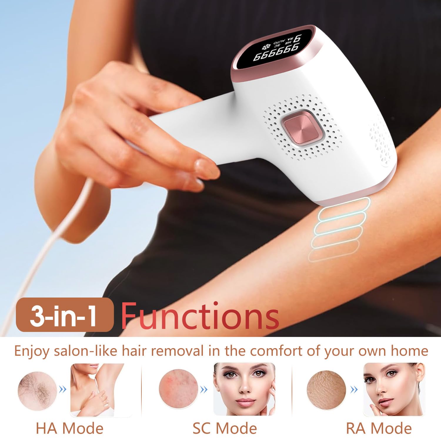 Epilatore Luce Pulsata, 3 in 1 IPL Professionale Epilatore Laser | Dispositivi Depilazione con 9 Livelli di Energia, 3 Funzioni Avanzate HR/SC/RA, 999,999 Flash, per Viso Schiena Gambe Corpo
