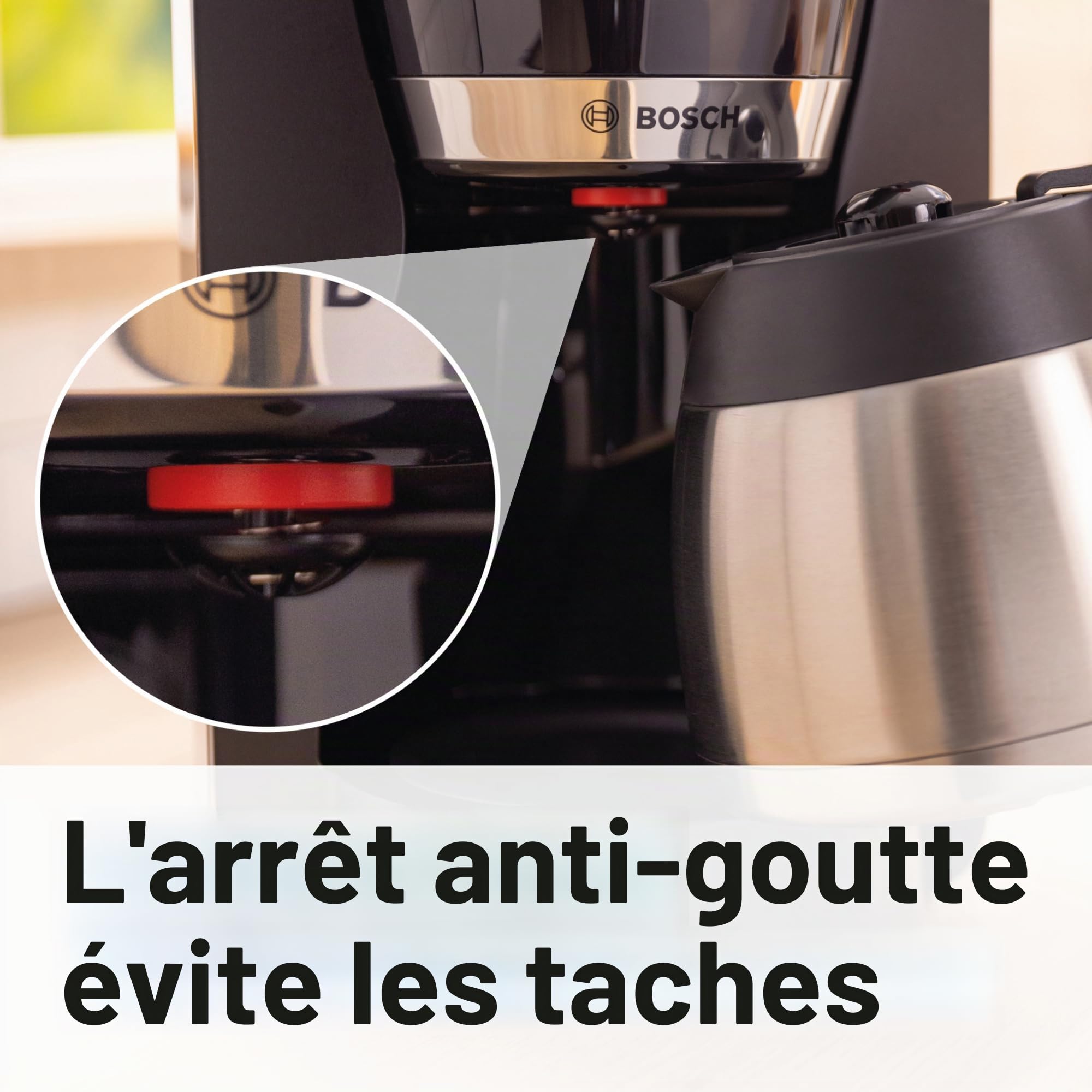 Bosch, machine à café filtre,MyMoment,réservoir d'eau amovible,verseuse isotherme en acier inoxydable à double paroi,arrêt automatique,AromaPlus, fonction Anti-Goutte, détartrage facile,noir,TKA6M273