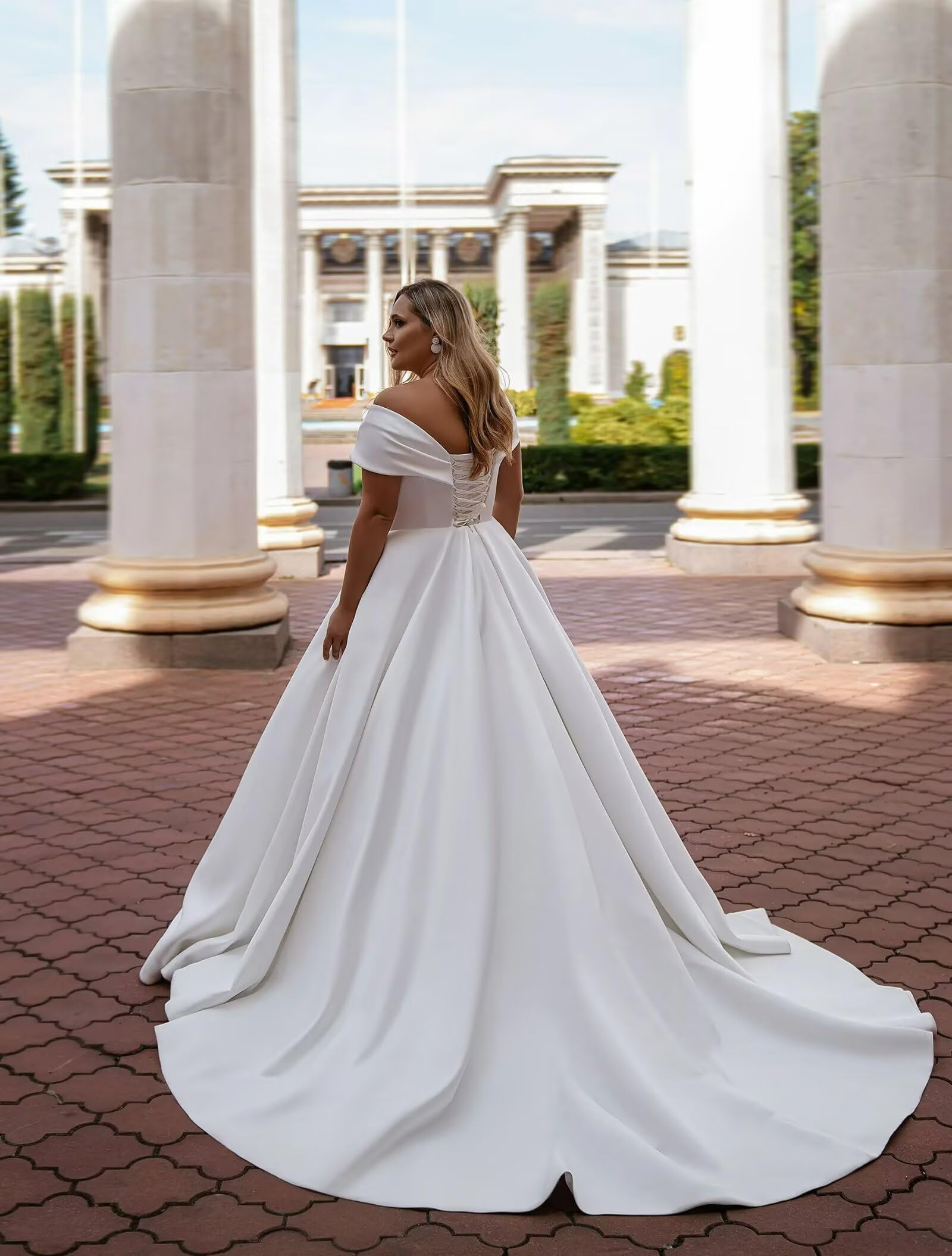 HUINI Satin Hochzeitskleider für die Braut Off-Shoulder A-Linie V-Ausschnitt Strand Brautkleid mit Schleppe