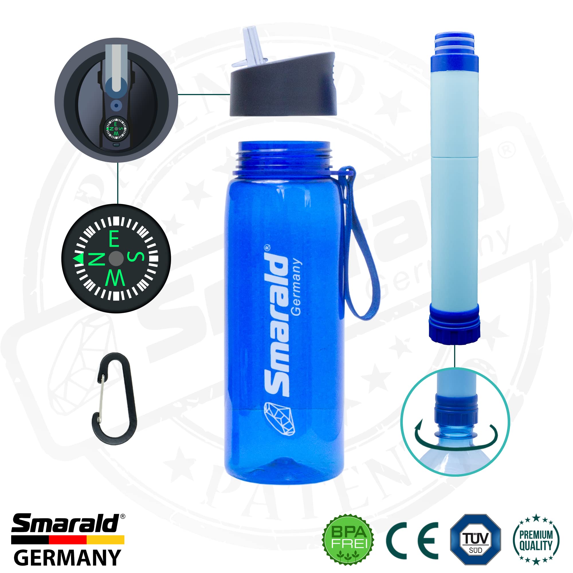 Botella de agua con filtro de agua integrado de 2 niveles, incluye 0,2 µm de bloqueo de gérmenes, filtro de viaje, botella de senderismo, botella de tritán, sin BPA con brújula