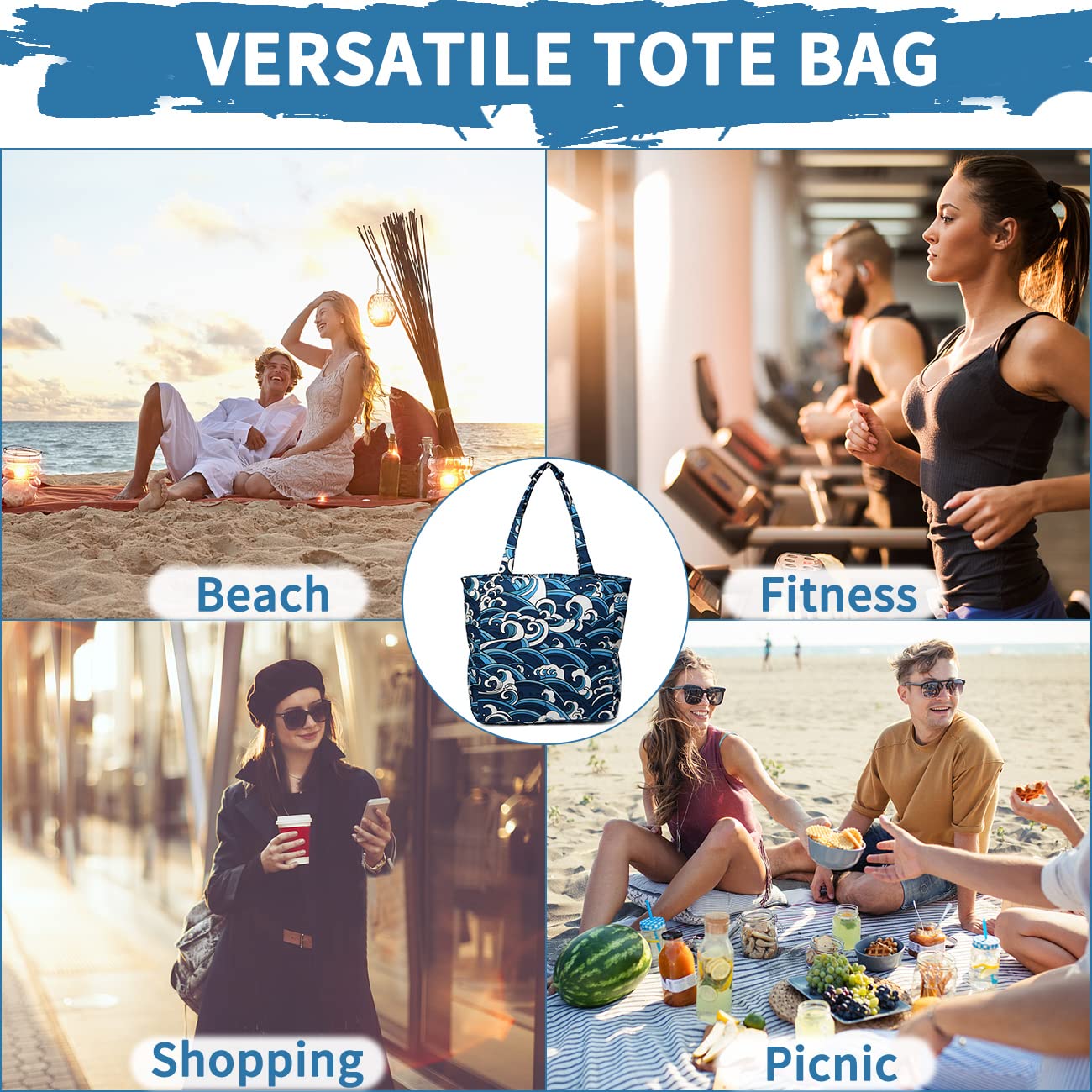 Sac de Plage Femme, 22,7L Poches Multiples Grand Sac Cabas Zippé Femme d'Été Pliable Résistant à l'Eau Sac de Piscine Tote Bag pour Voyage Vacances Achats Vague de Mer
