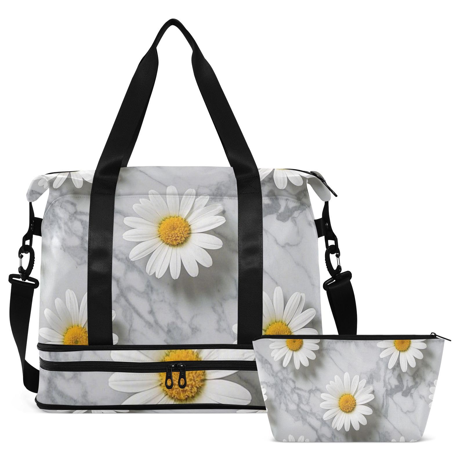 Bolsa de transporte con diseño de margaritas blancas sobre fondo de mármol gris con bolsillo húmedo y correa ajustable, para entrenamiento, juego de 2 piezas para hombres y mujeres