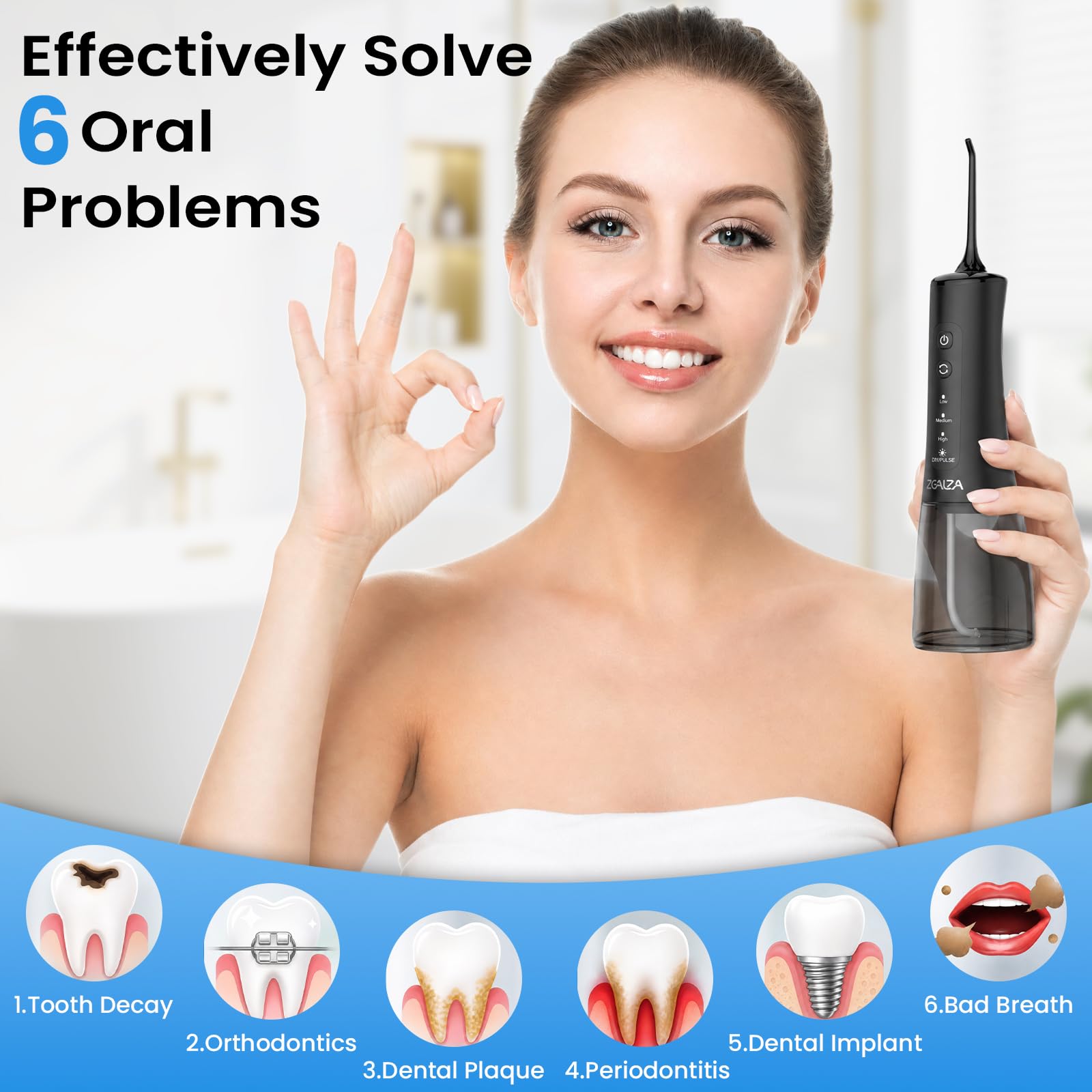 Idropulsore Dentale Portatile 300ML Irrigatore Orale 13 Modalità DIY | Water Flosser con 5 Ugelli, Pulizia Denti Idropulsore, IPX7, Ideale per Ortodonzia e Gengive Sensibili, Casa e Viaggio, Nero