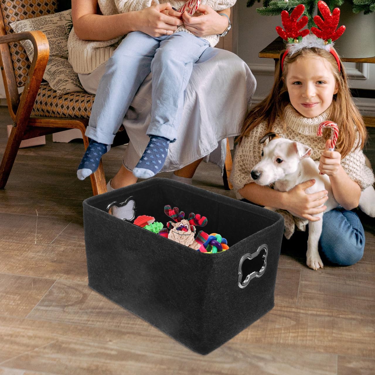 Mipcase Dog Toy Storage Box 15.35X11.02X8.66 Inch Felt Organizer with Metal Handles Portable Pet and Kids Toy Basket for Home Nursery Storage