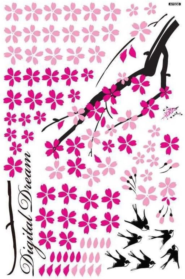Decals Design Stickerskart Wall Stickers Pink Flower Branch with Birds (Wall Covering Area: 150x92cm,Product Dimensions: 50x70cm)