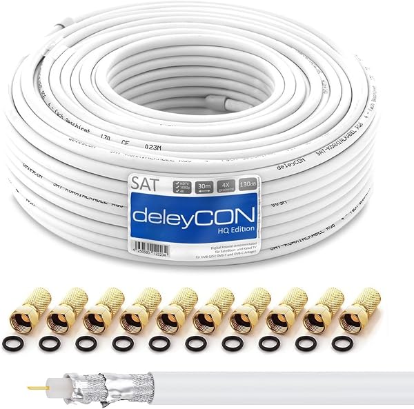 deleyCON HQ 30m kabel koncentryczny SAT 130dB - 4-żyłowy ekranowany dla DVB-S - S2 DVB-T i DVB-C - żyła wewnętrzna stal/