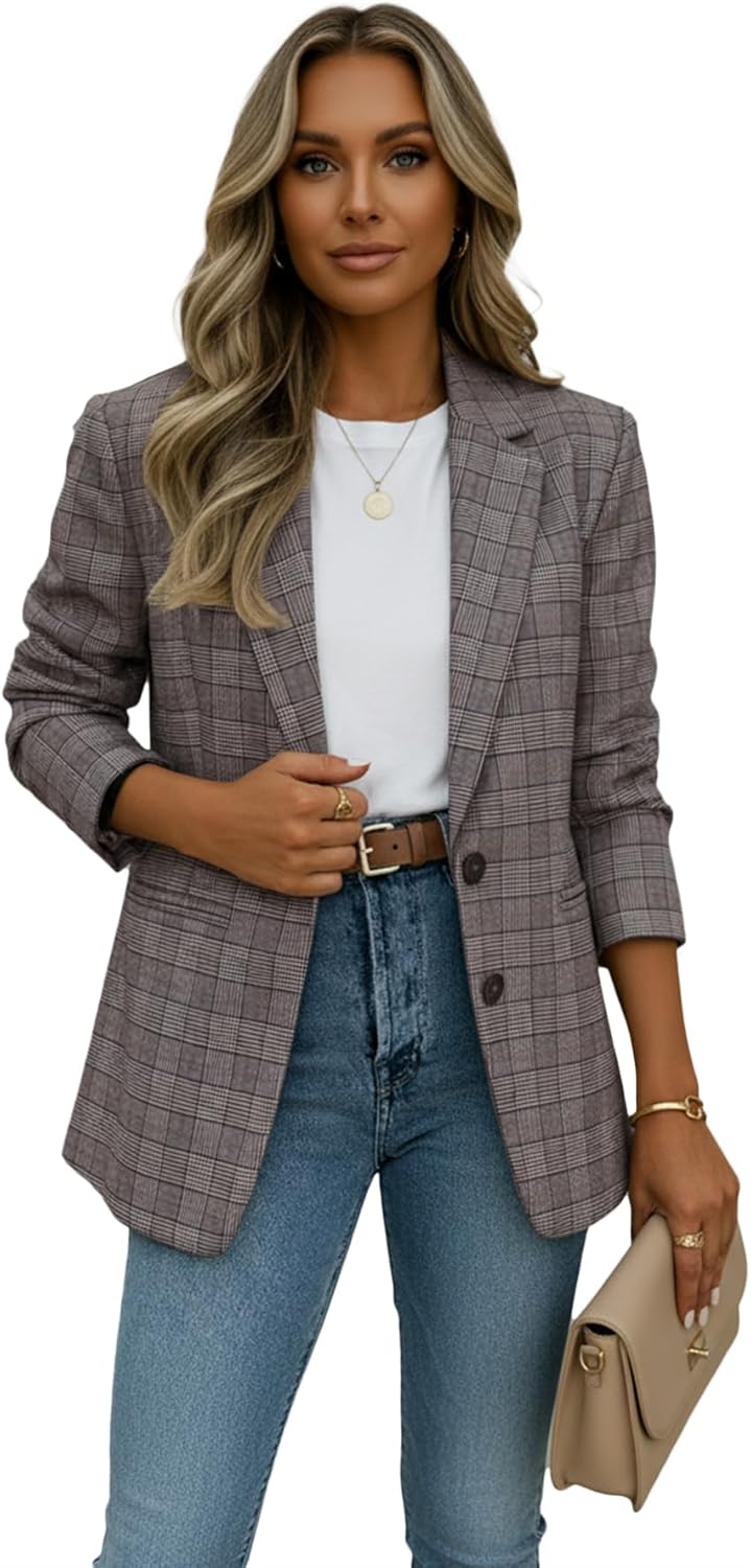 Mina Self 2026 Spring Women's Plaid Houndstooth Blazer Jacket - Fully-Lined Fashion Loose Work Office Suit with Pockets - Image 5