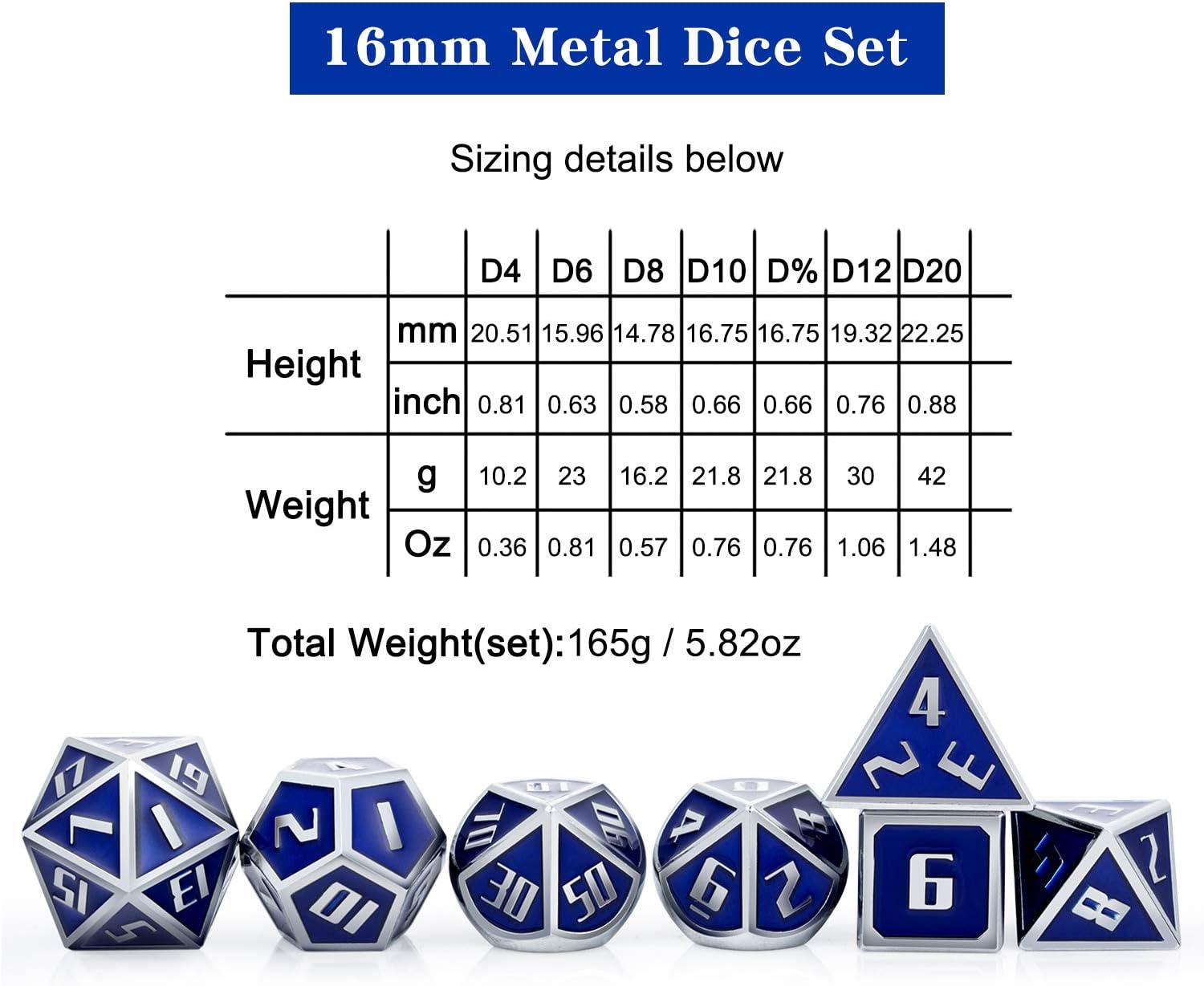 ALLCOLORED Metal Dice Set D&D 7PCS Standard 16mm Polyhedral DND Dice Blue Silver with Metal Display Case and Velvet Bag for Playing Tabletop Roleplay Games Dungeons and Dragons