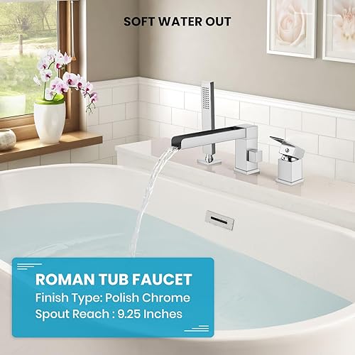 Miniatura 23 de gotonovo Grifo de bañera romano con ducha de mano, 3 agujeros, montaje en cubierta, juego de grifo de bañera de una sola manija generalizado