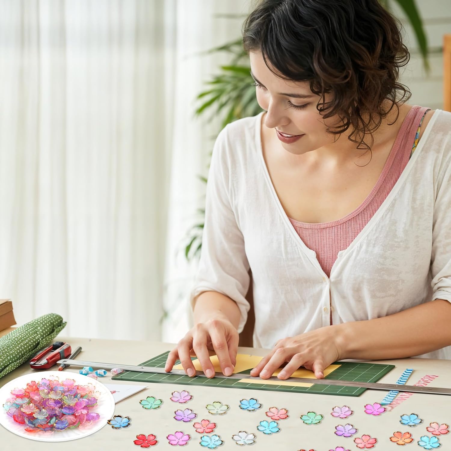 100 Pcs Flower Beads, 5-Petal Acrylic Spacer Beads Mini Golden Edge Floral Shaped Bead for Making DIY Craft, Jewelry Charms, Bracelets, Necklaces, Earrings (Colorful Gradient) - Image 6