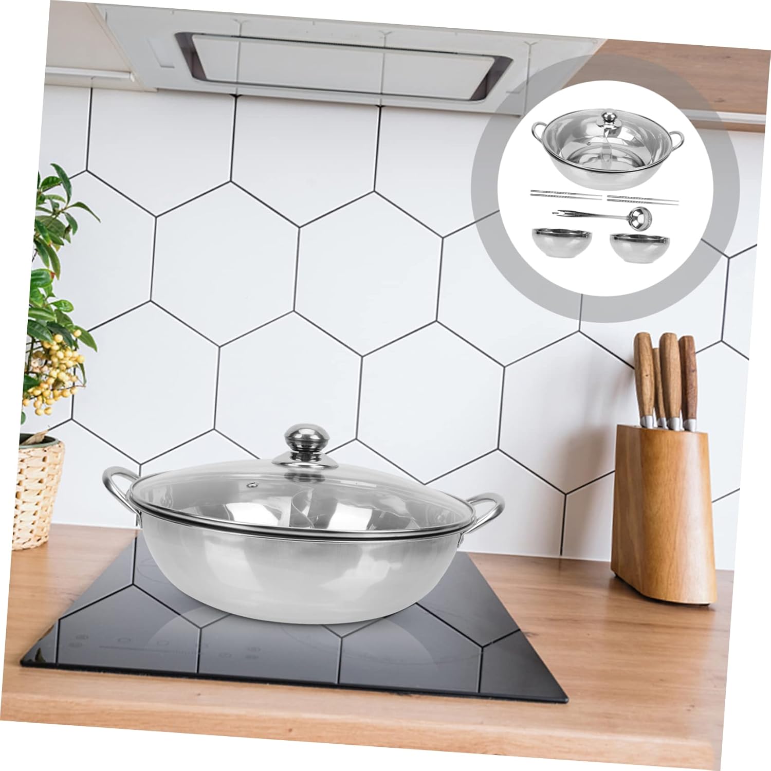 Happyyami Stainless Steel Double Flavor Hot Pot Divider Set Thickened Dual Compartment Cooking Pot Handles for Home Use