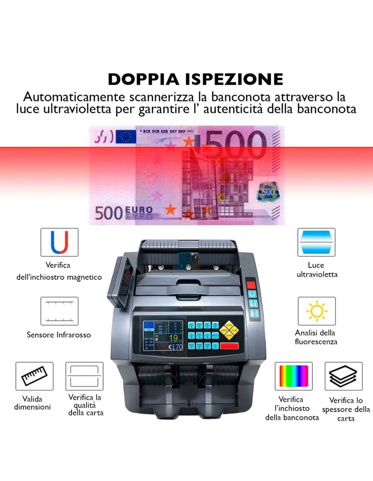 Conta Banconote Professionale con Display LCD, Rilevatore di Banconote False, 1000 Banconote al Minuto, Grigio