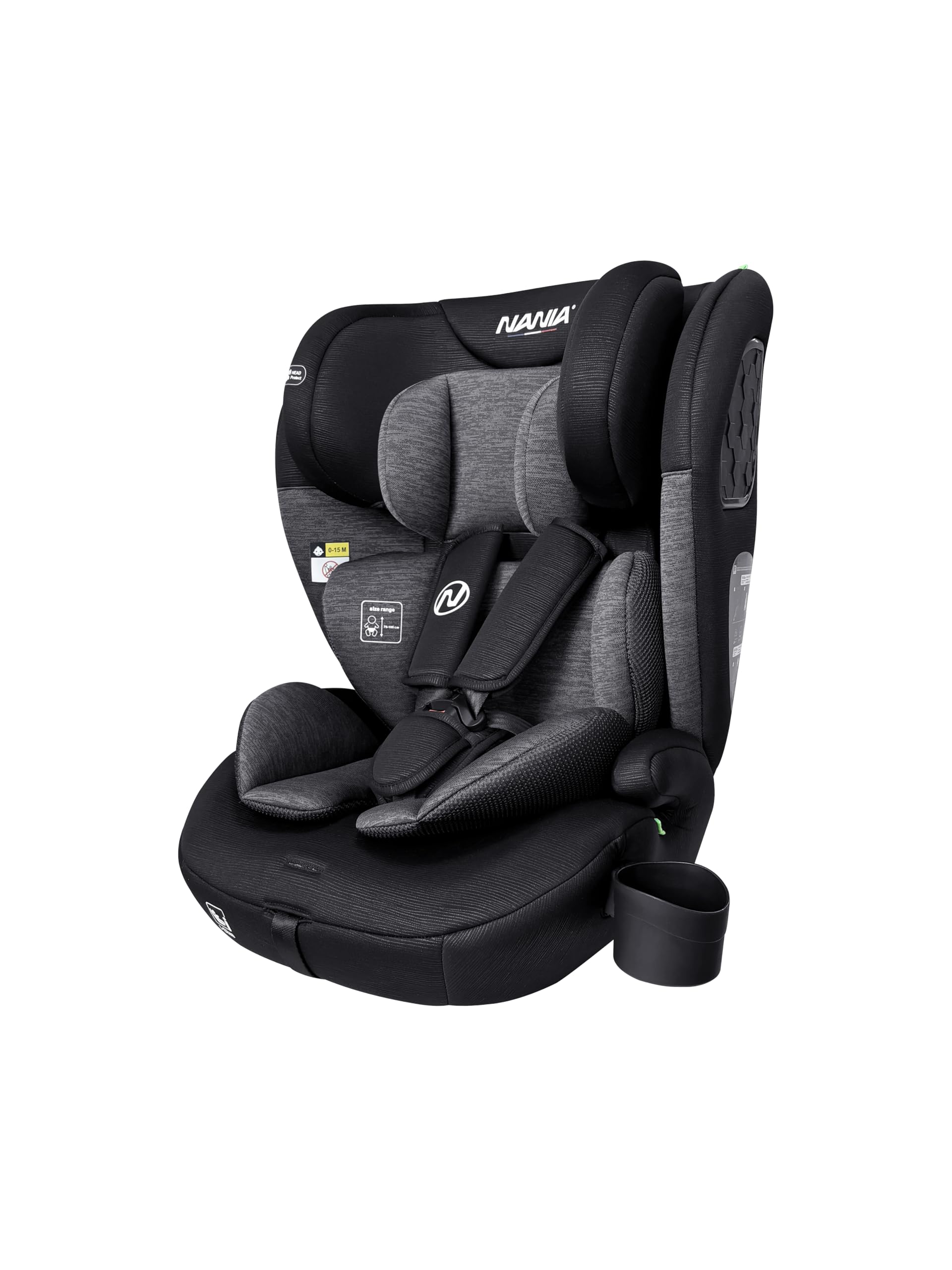 Nania, Torino, Seggiolino auto, 76-150 cm, da 9 a 36 kg, da 15 mesi a 12 anni, Poggiatesta regolabile con 12 regolazioni, Protezione laterale,Portabicchieri