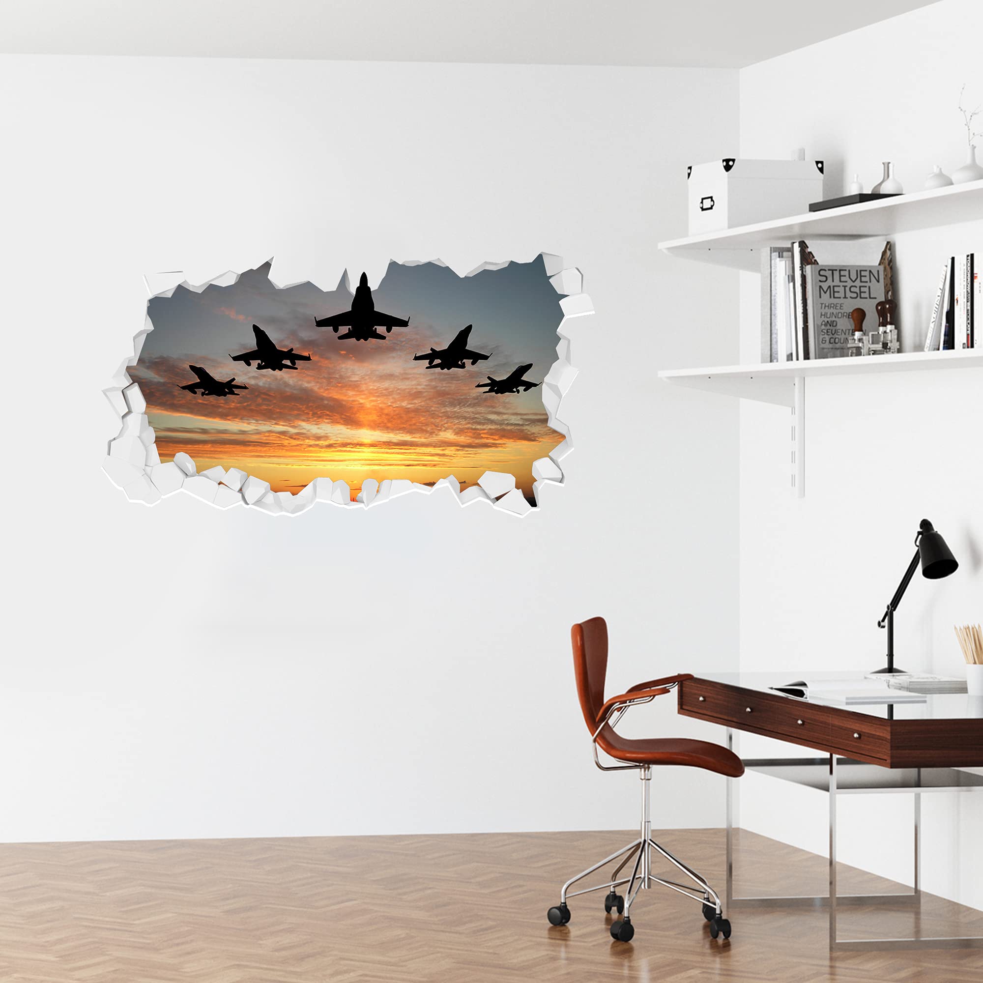 5 Planes Flying at Sunset Broken Wall Sticker Kids Bedroom Art Decal Mural (120cm Width x 60cm Height)