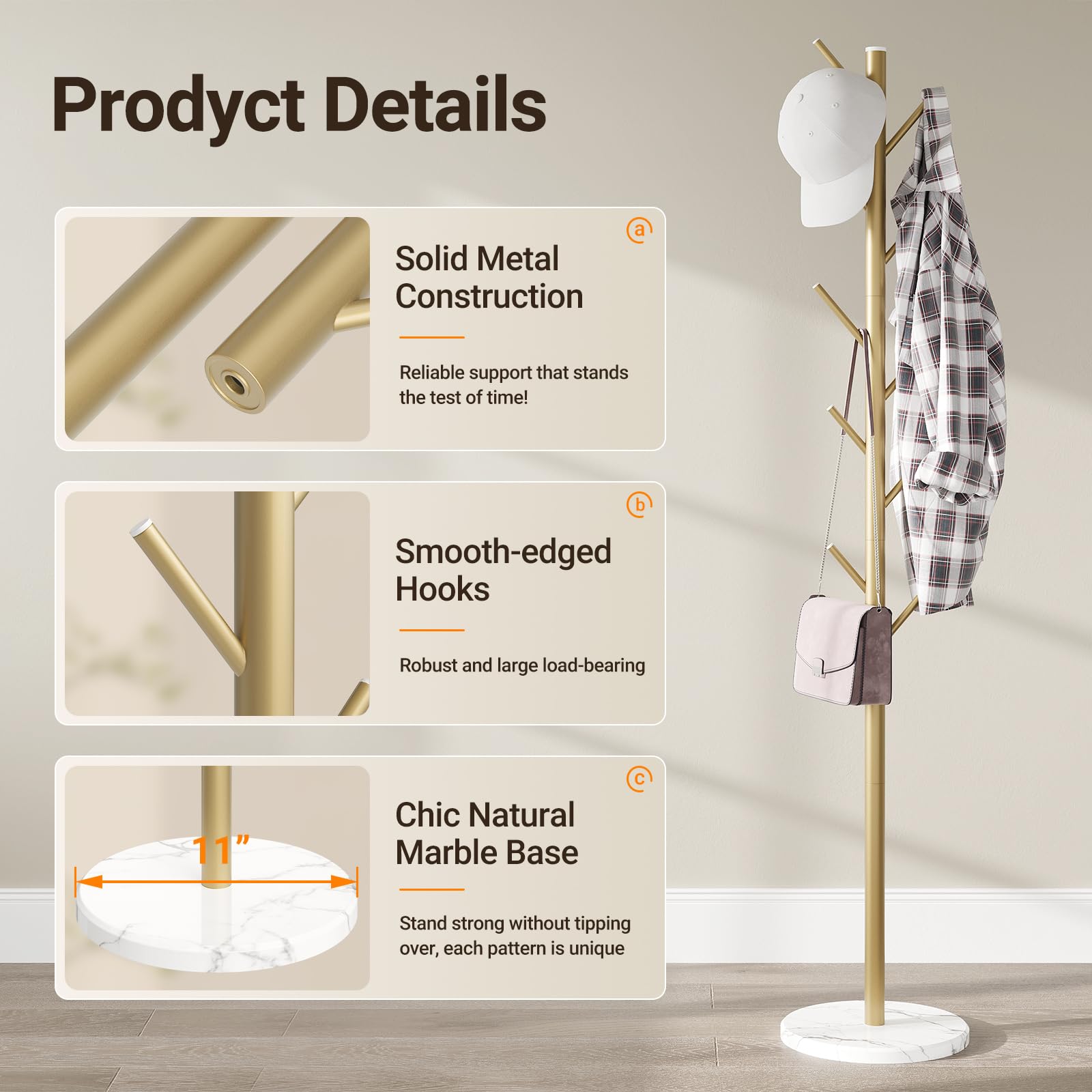 ELYKEN Appendiabiti con Base in Marmo Naturale, Appendiabiti Autoportante in Metallo con 8 ganci, 3 Dimensioni Regolabili, Robusto Albero Appendiabiti per Borse Cappotti Cappelli, Oro
