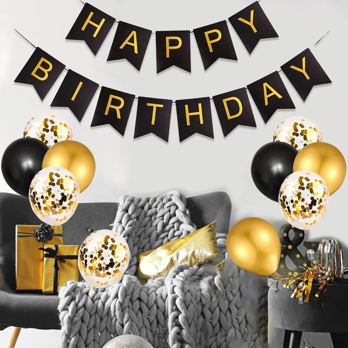 Decorazioni Compleanno Oro E Nero - Striscione, Palloncini, Festone Per Feste - Foto 4