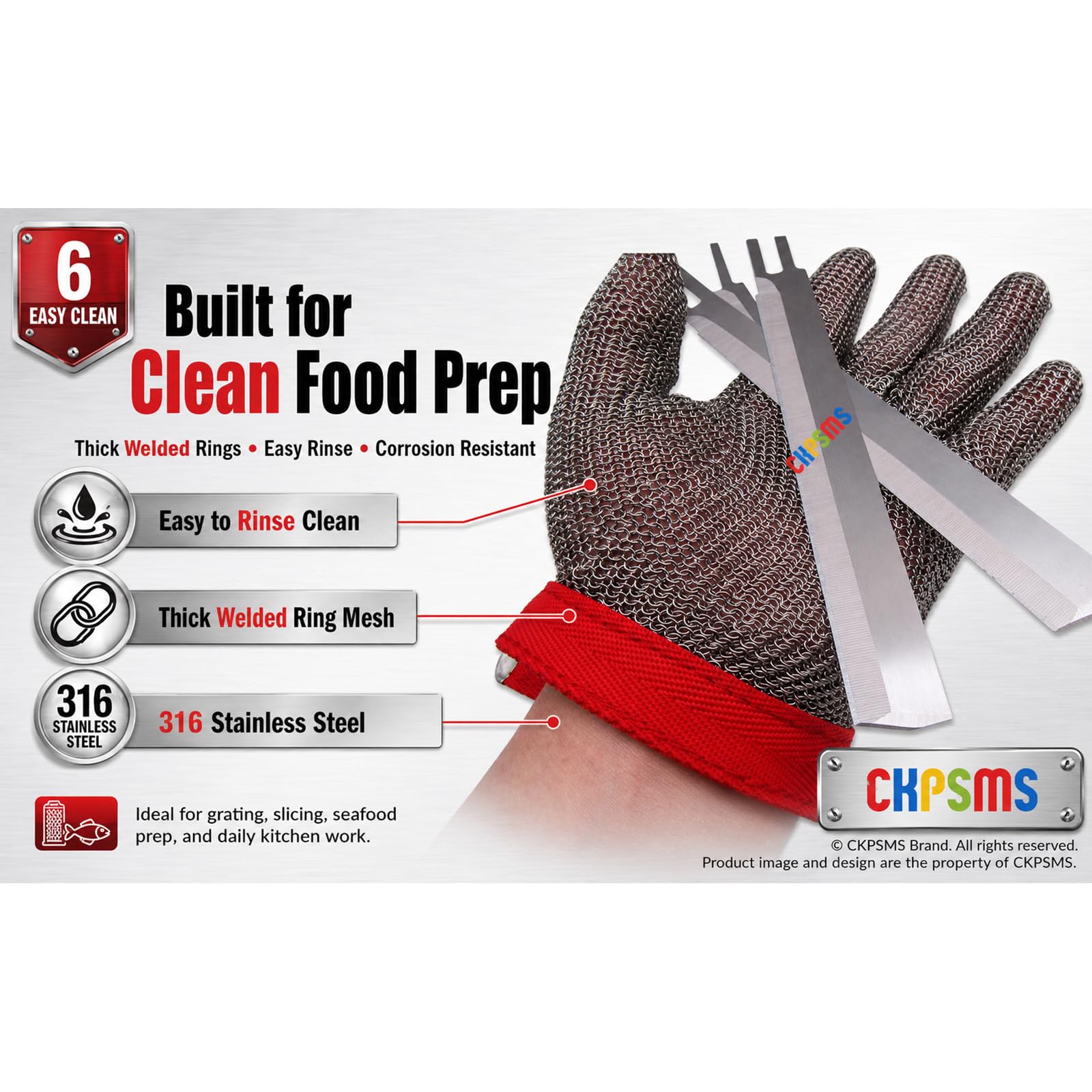 ckpsms Marque -5 doigts en acier inoxydable maille lame résistant aux coupures Anself gant de protection #SG515#SG515 (M)