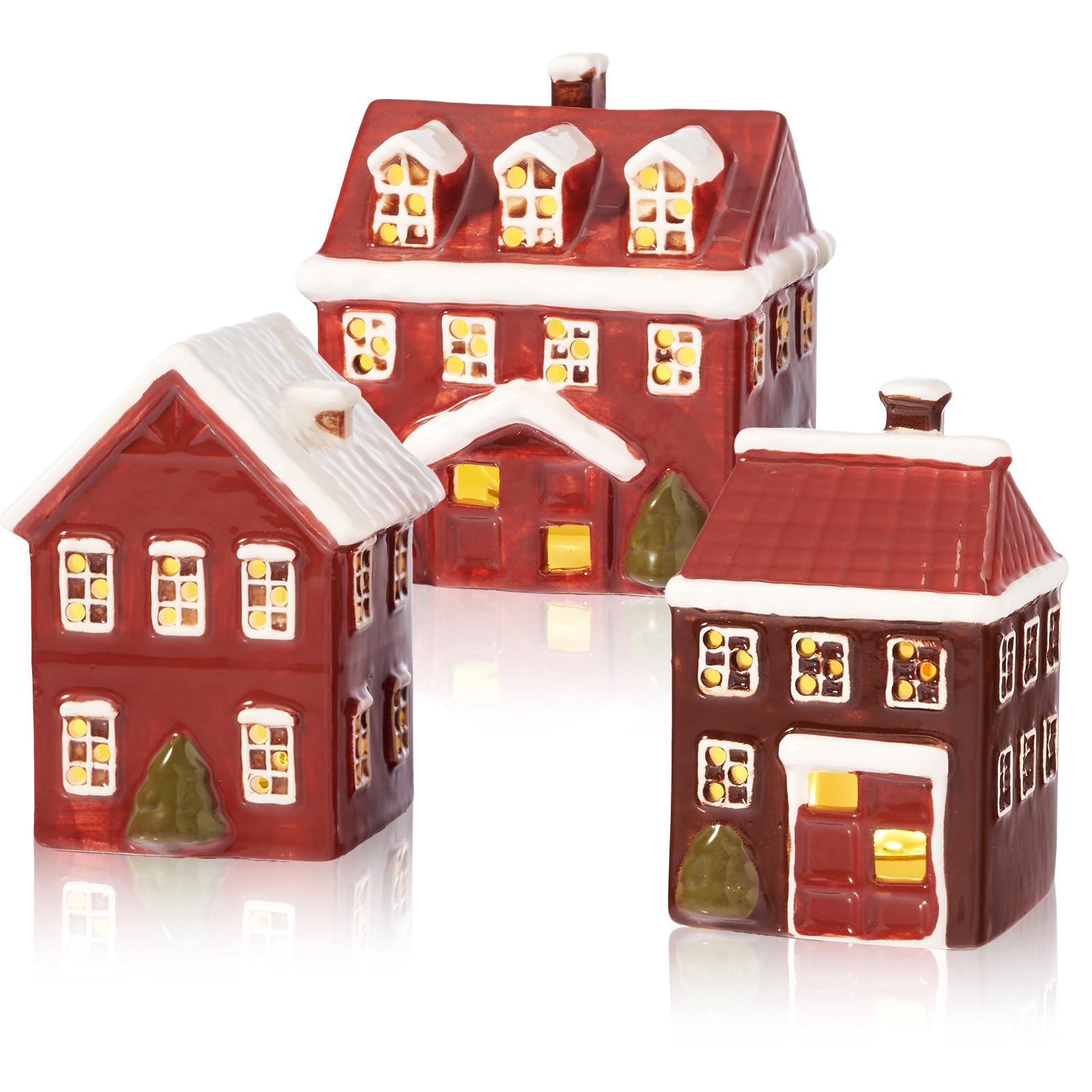 WDS WONDROUS Décorations de Noël – Lot de 3 maisons de village de Noël lumineuses en céramique peintes à la main, maisons de Noël d'intérieur rouges et blanches pour maison, table, chambre, ferme