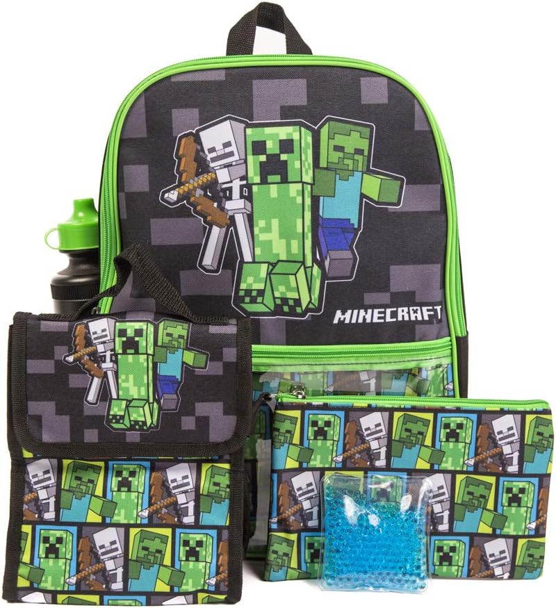 BIOWORLD Unisex Minecraft 5-Piece School Backpack Set (Little Kid/Big Kid), Green, One size
