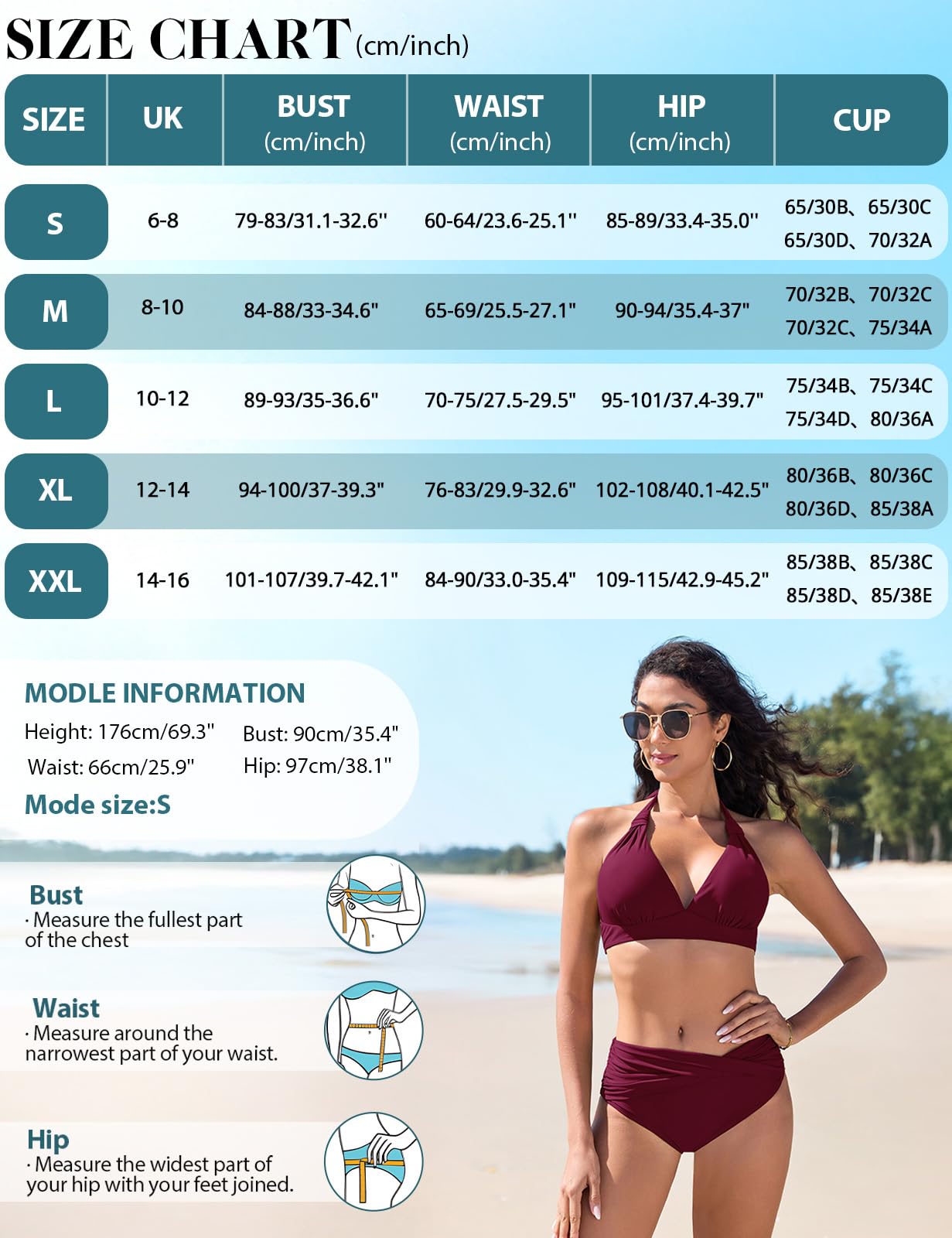 Nadeer Maillots de Bain 2 Pièces Col V Bikini Set Push Up Ensembles Deux Pièces Sexy Midi Taille Haute Beachwear Élégant Vintage Halter Ties-up Swimsuit Ensemble de Bikini