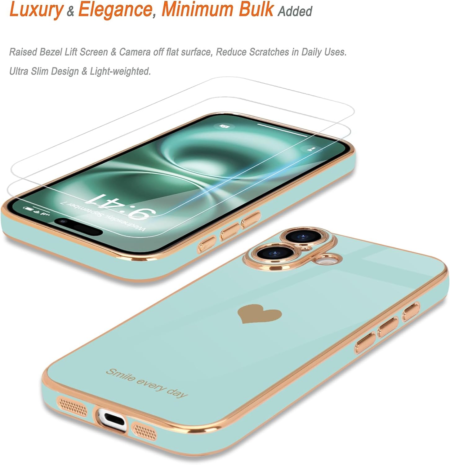 Teageo Compatible with iPhone 16 Case for Girl Women Cute, Pearl Aqua | Love-Heart Luxury Bling Plating Soft Back Cover Raised Camera Protection Bumper Silicone Shockproof Phone Case for iPhone 16