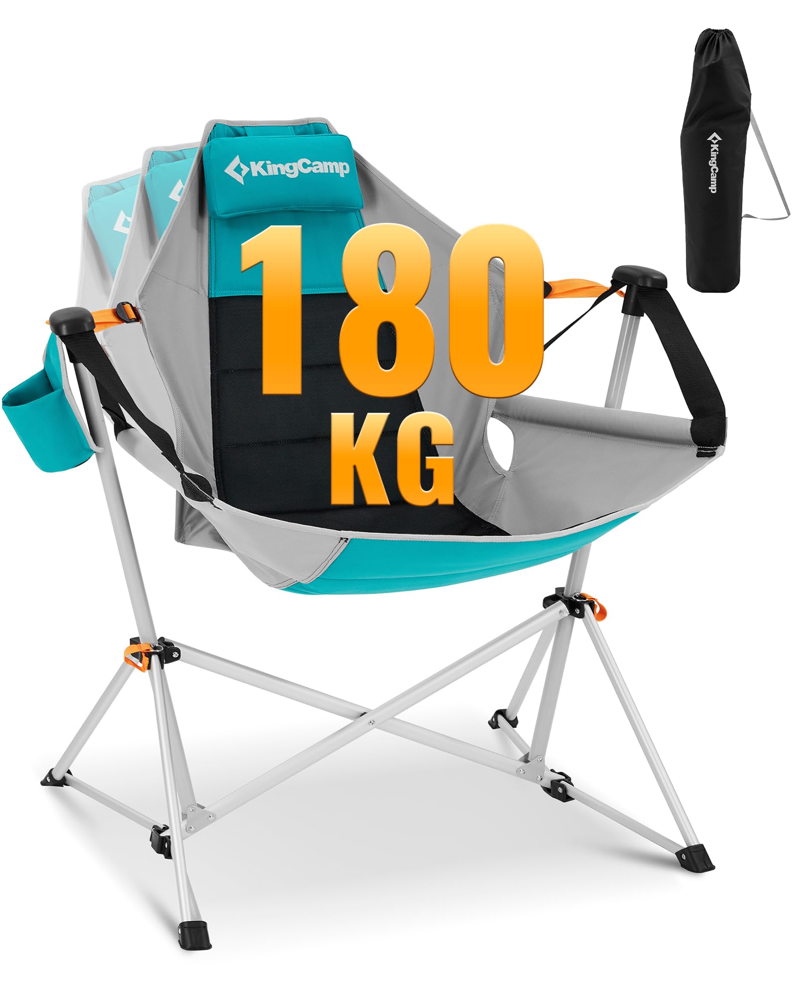 KingCamp Camping Schaukelstuhl faltbar mit 90–130° Rückenlehne Cyan | Bis 180 kg belastbar, 4,8 kg leicht, Aluminiumrahmen, Kopfkissen, Getränkehalter für Camping, Garten & Balkon
