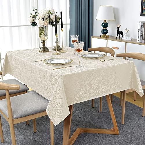 Miniatura 2 de SASTYBALE Mantel rectangular de jacquard de 60 x 84 pulgadas, color beige, resistente al polvo, damasco, mantel de tela lavable para comedor,
