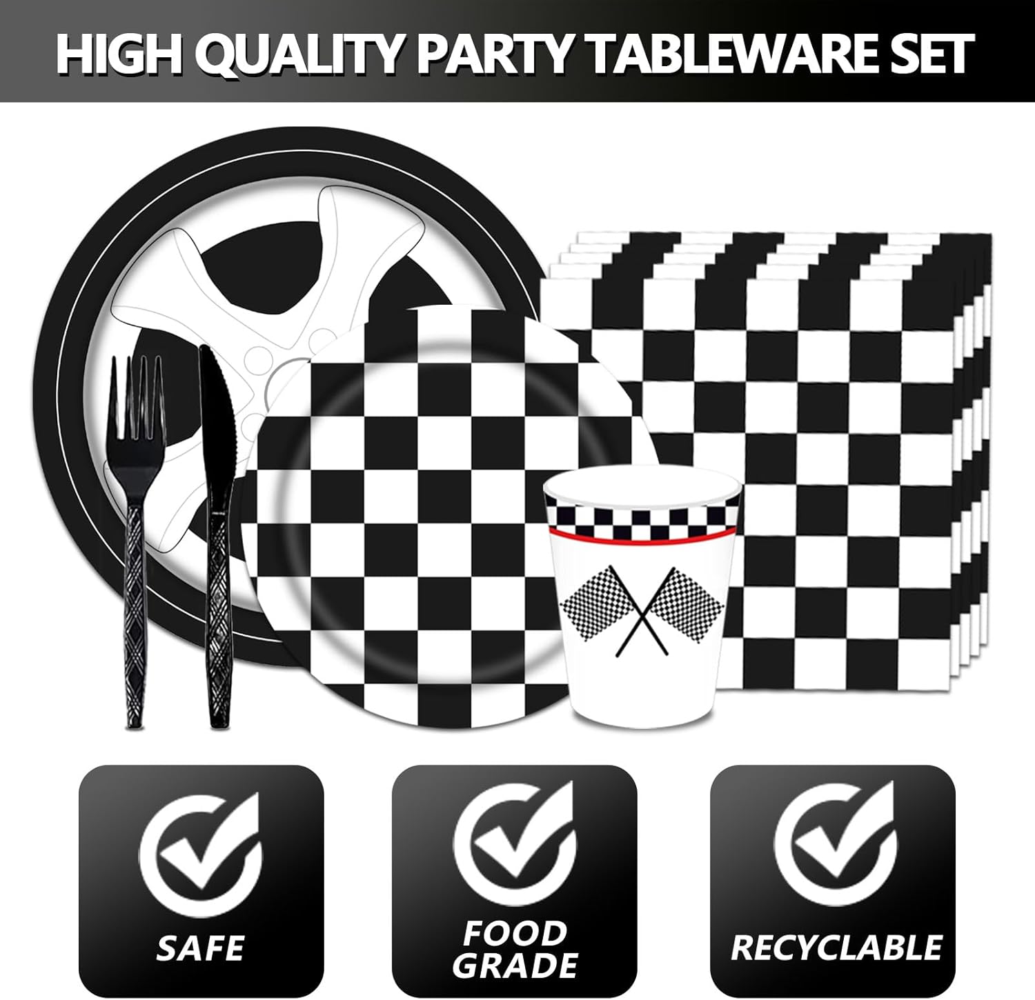 146PCS Racing Car Party Supplies Race Car Tableware Set Serve 24 Includes Race Cars Plates and Napkins Cups Forks Tablecloth Black and White Checkered Racing Birthday Party Decorations