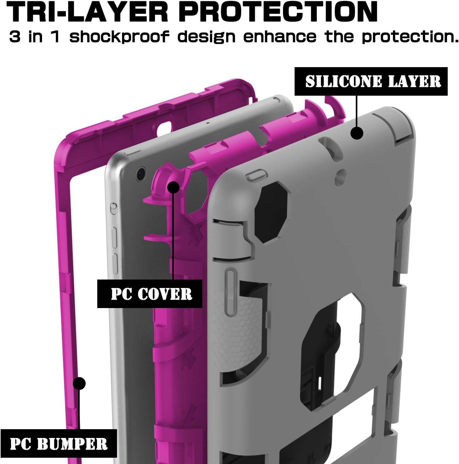 Topsky 3302952 Three Layer Armor Defender Full Body Protective Case for iPad Mini, Mini 2, Mini 3, Mini Retina Bundle with Stylus and Screen Protector - Grey, Pink
