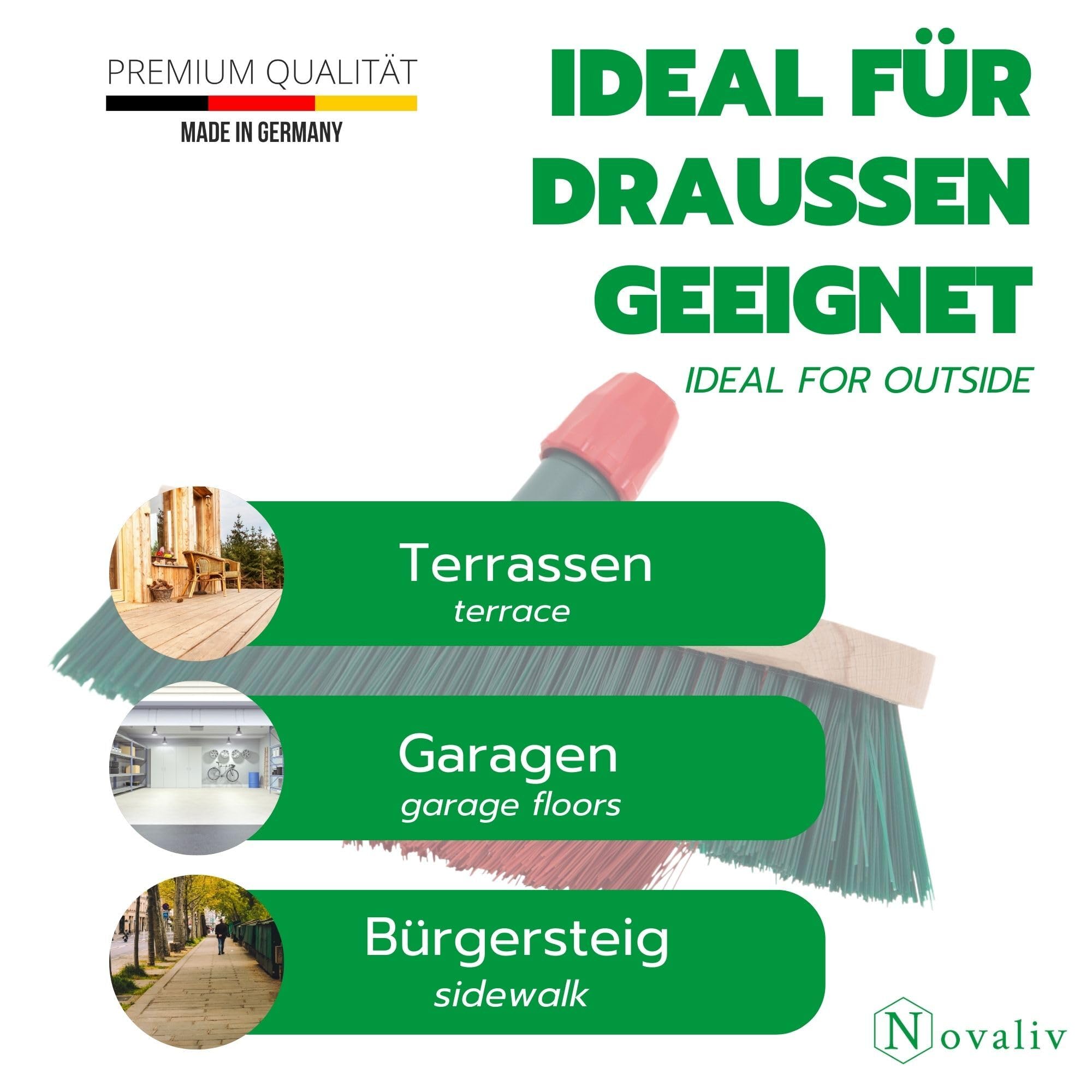 Novaliv Gartenbesen Elaston 40 cm Besenkopf 3 Stück mit V-Borsten Elaston Ideal als Besen draußen Straßenbesen Harte Borsten Terassenbesen Hofbesen Stallbesen Kehrbesen Industriebesen Outdoor Broom