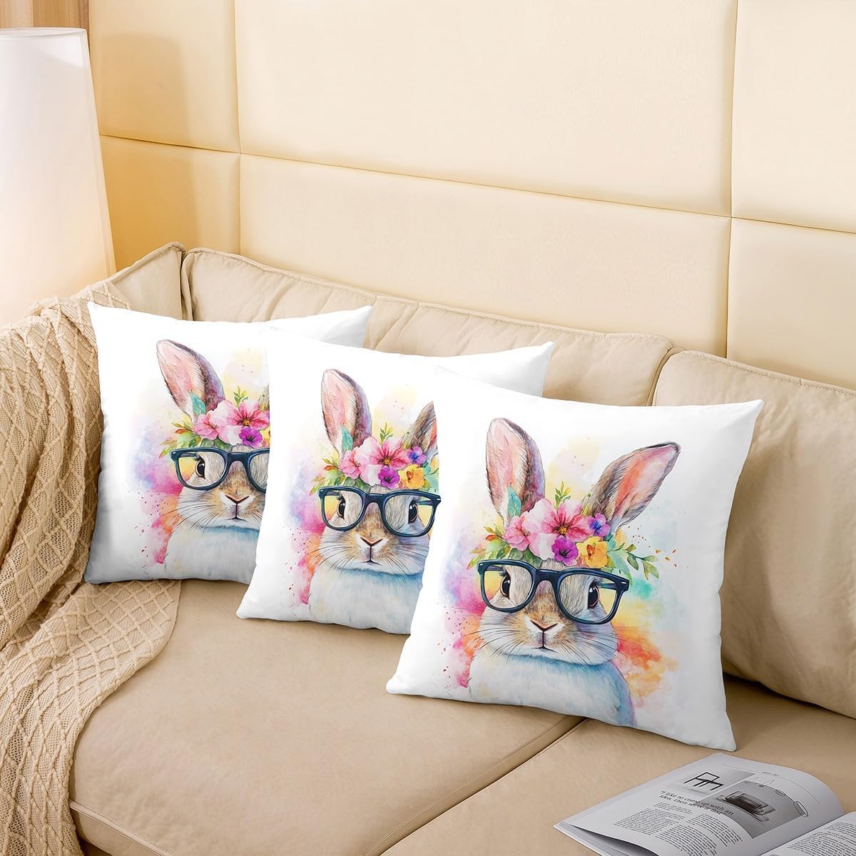 Kawaii Rabbit Pillow Covers 24"x24",Watercolor Farmhouse Rabbit Cushion Covers for Couch Sofa, Wild Aniamls Themed Outdoor Pillow Covers,Rustic Flowers Leaves Reversible Throw Pillow Covers