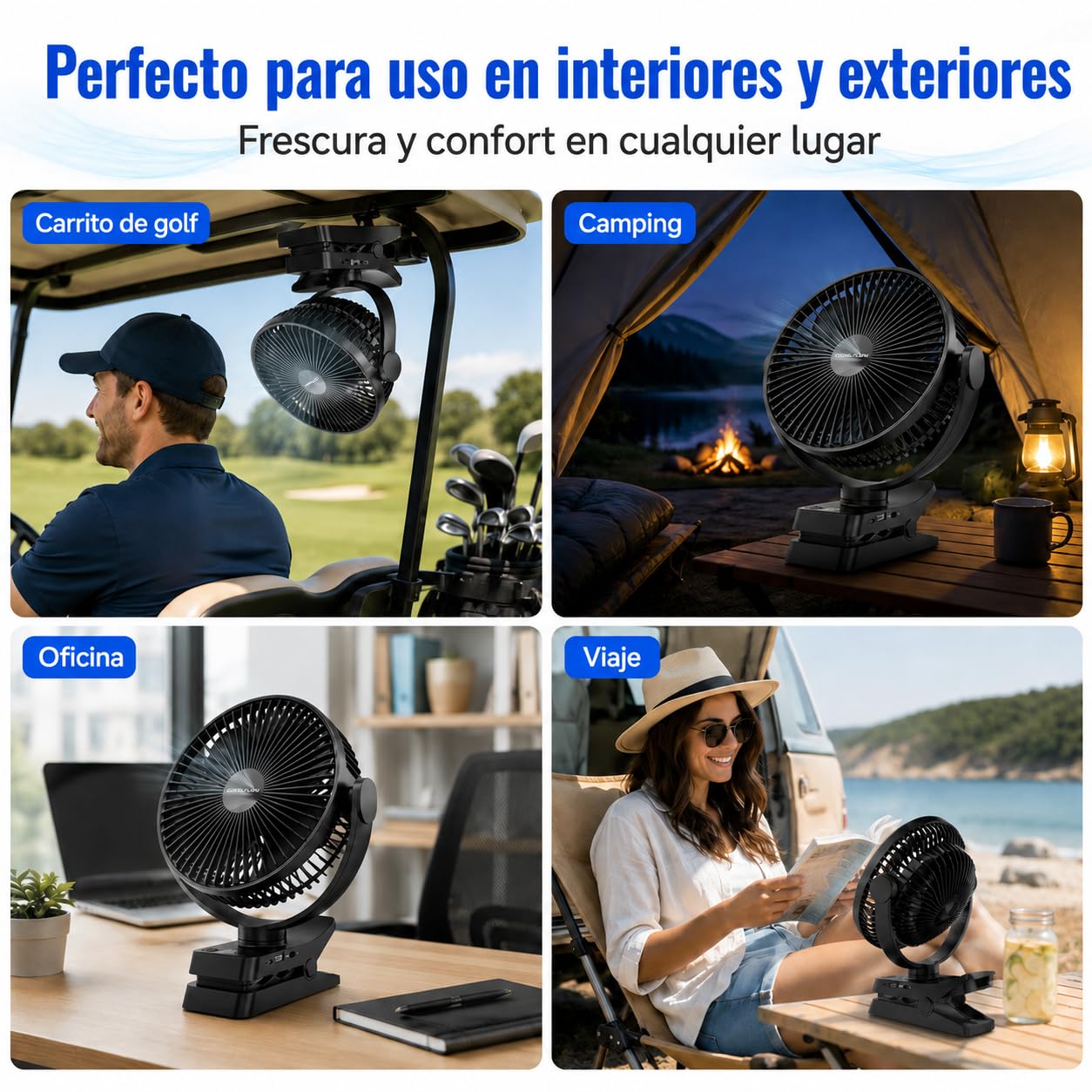 Ventilador de clip de 8,3 pulgadas con batería de 12000 mAh e indicador de nivel de batería, ventilador USB recargable con luz LED, 5 velocidades, temporizador, ventilador de batería para oficina