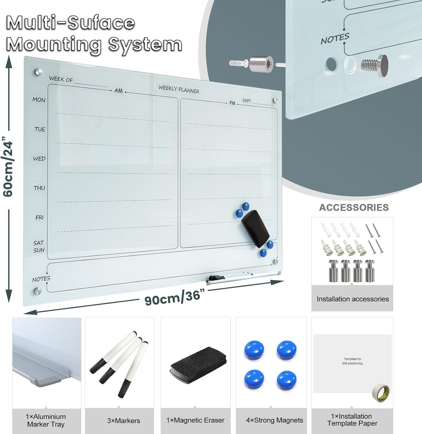 Glass Whiteboard 24"X36" Weekly Calendar Writeboard Magnetic Planner WritingBoard Dry Erase Board Frameless White Board for Office School Home Tray, 3 Marker,4 Magnets and 1 Eraser