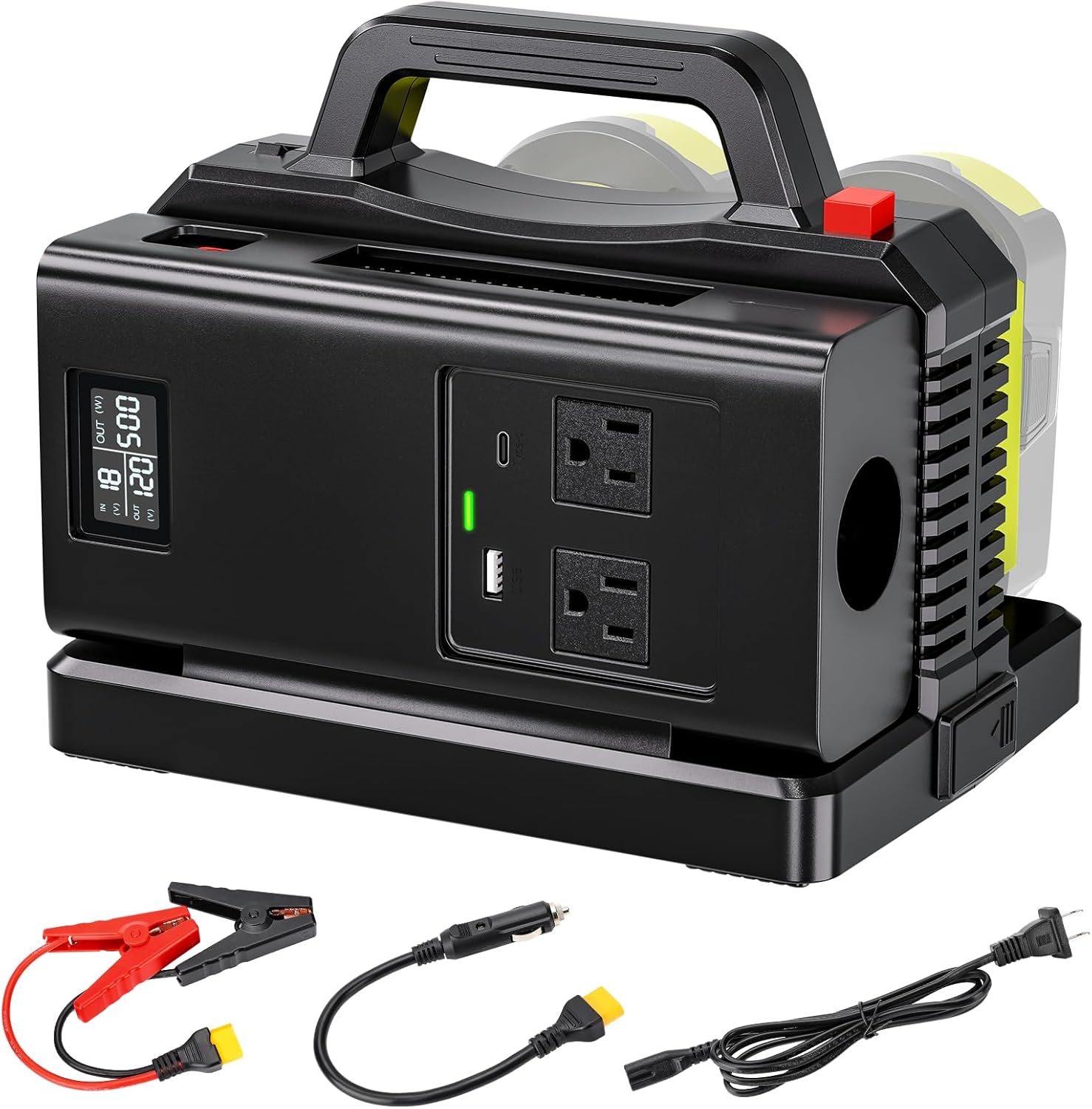 500W Pure Sine Wave Power Inverter for Ryobi 18V Battery, 18V DC to 120V AC Converter with USB-C/USB-A Charger, Inverter for Vehicles, Car Plug Adapter Outlet for Laptop