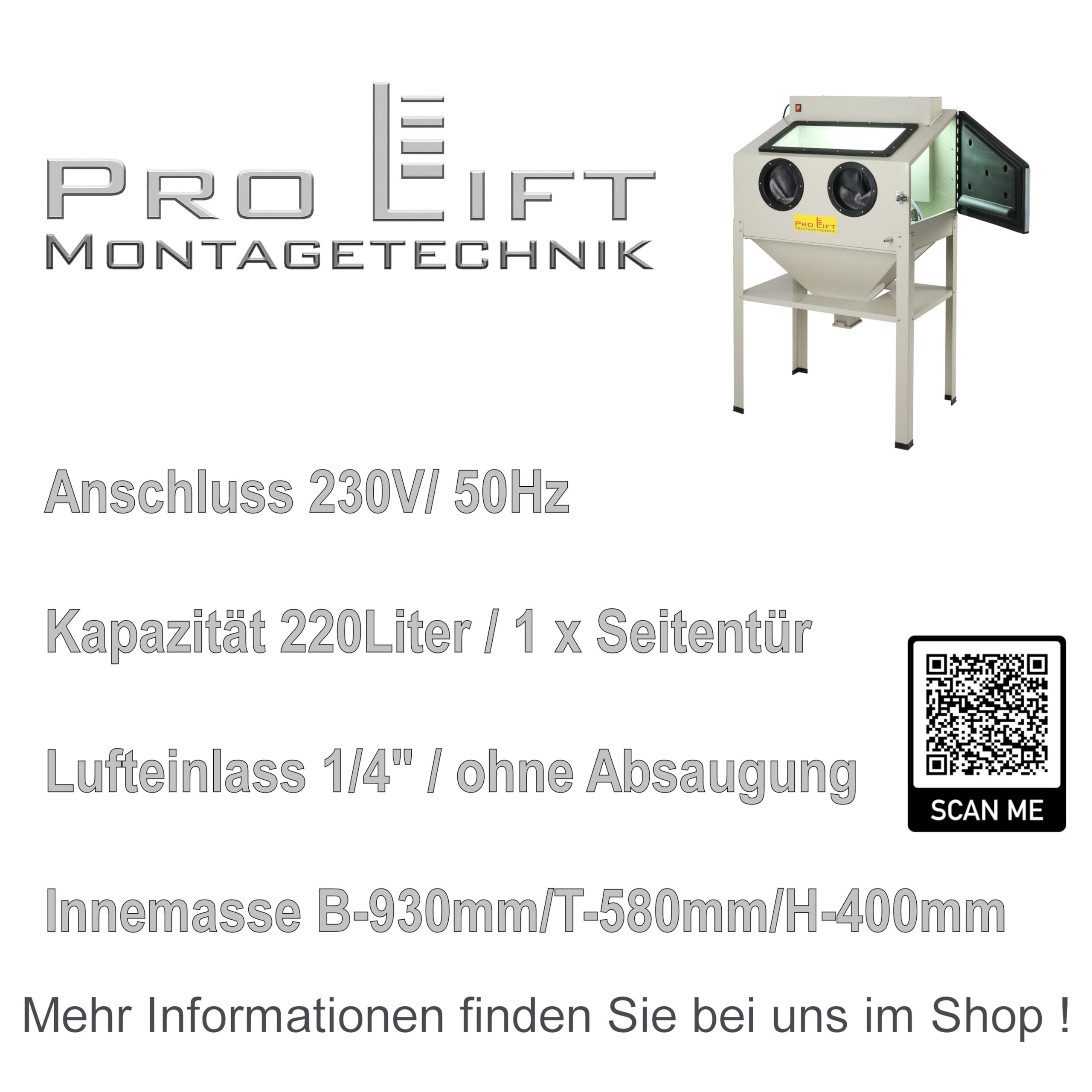 Sandstrahlkabine 220 Liter inkl. Zubehör, SB220ABJ, Lampengehäuse nach außen verlegt, 01557