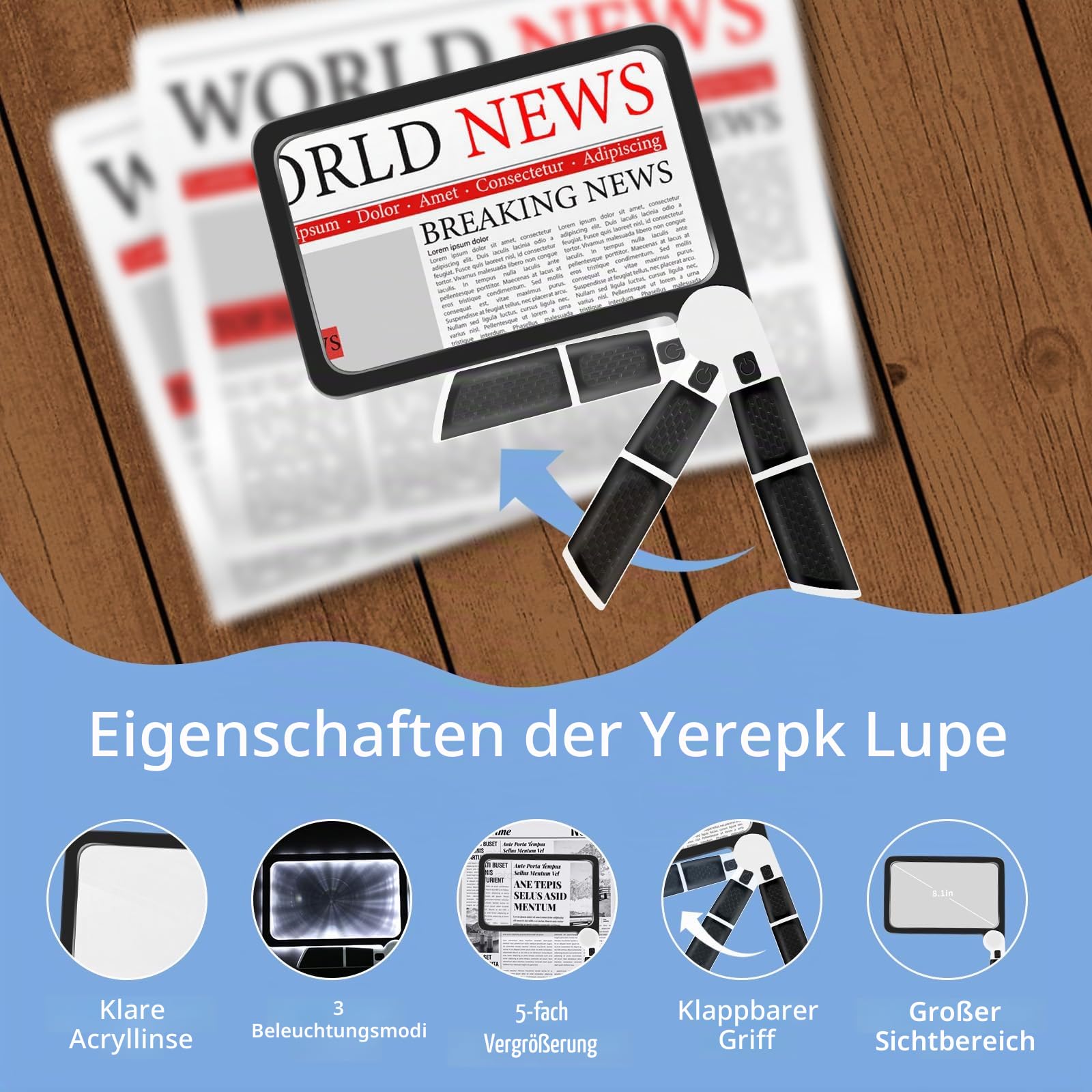 5-fache Lupe mit Licht, Vollseitenlupe zum Lesen, 48 LEDs | Leichte, große Lupe mit blendfreier Linse und 48 LED-Leuchten, ideal für Senioren, Lesen von Büchern mit schwacher Sicht