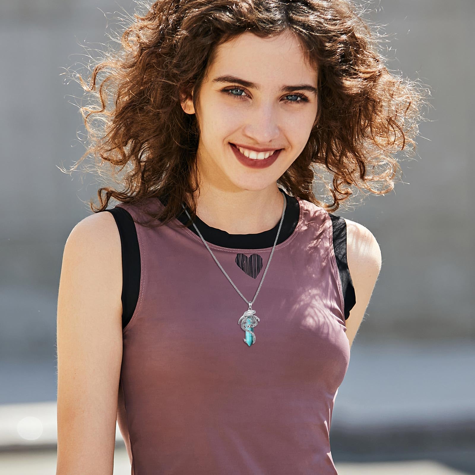 Argento Placcato Collana con Drago Rame per Donna, Cristallo Curativo Ossidiana/Quarzo Rosa/Ametista/Malachite/Turchese Ciondolo Amuleto Protezione Regalo Gioielli, 22"