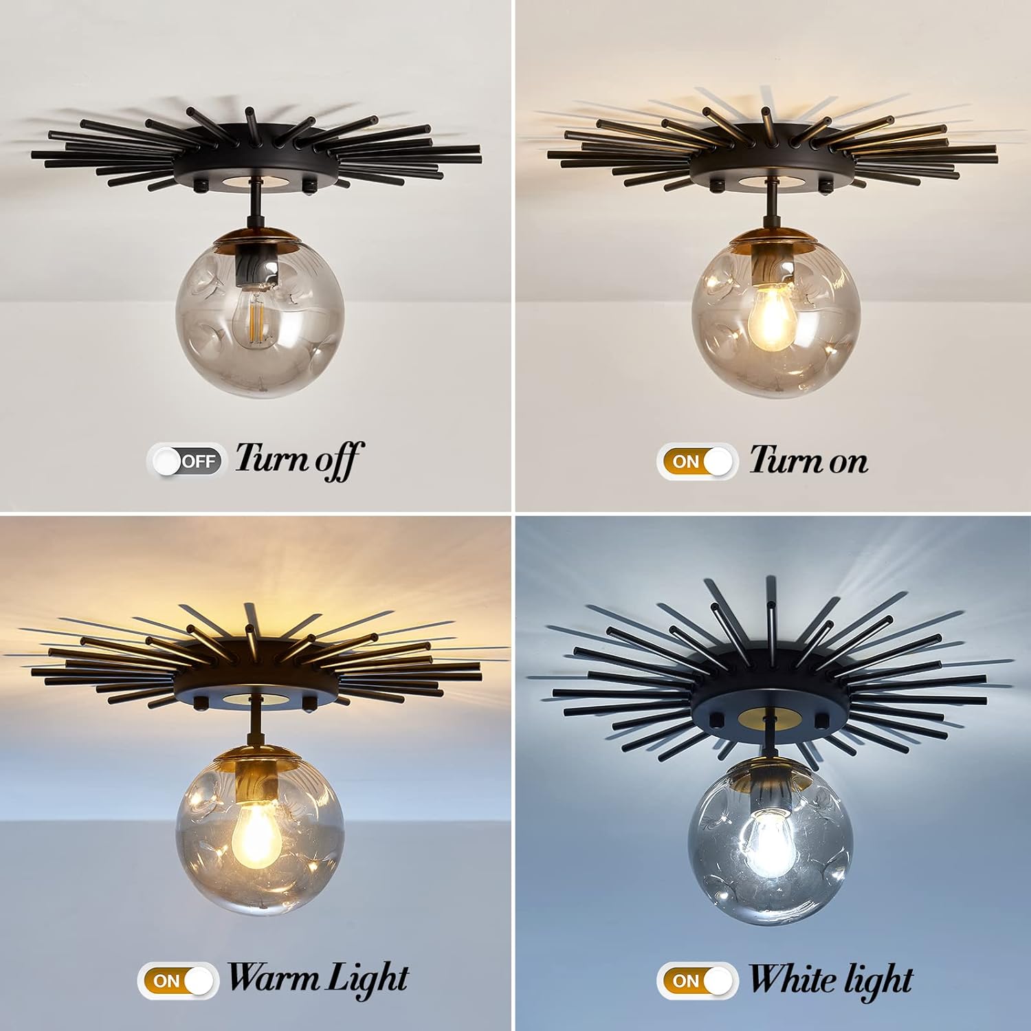 UOFUS Small Black Flush Mount Ceiling Light with Glass Globe Sputnik Starburst Chandelier 1-Light Close to Ceiling Light Fixture for Hallway Dining Room Bedroom Kitchen Foyer Closet Bathroom