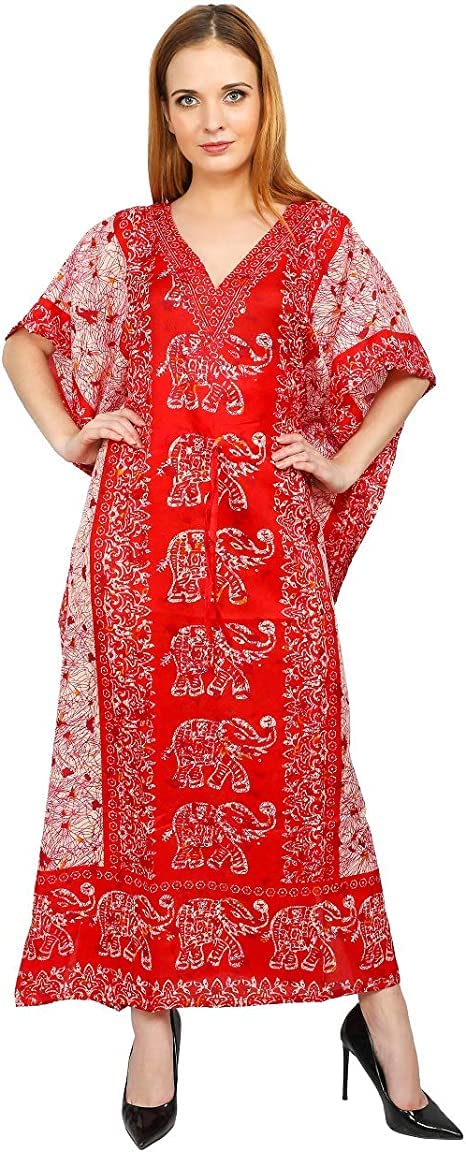 Elephant Print Women Long Kaftans Dress Kimono Maxi Style Dresses Ladies Caftan Gown Plus Size Beach Cover up Kaftans Dresses (Red)