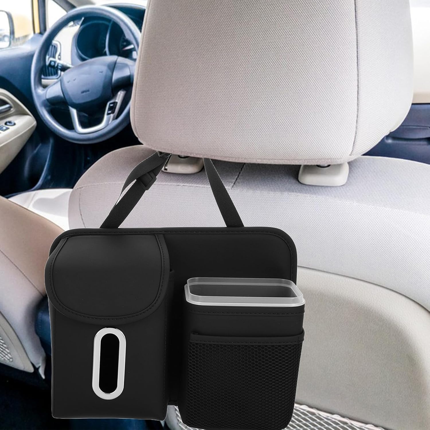 Car Seat Back Organizer Bag with Tissue Holder and Cup Pocket, Multifunctional Hanging Storage for Backseat, Black Sturdy Car Interior Storage Bag for Travel and Daily Use