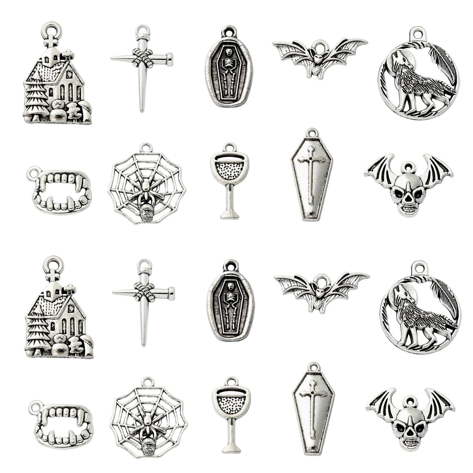 Stiesy 100Pcs 10 Styles Vintage Vampire Charms Tibetan Silver Halloween Charm Antique Skull Cross Spider Coffin Dangle Charms for DIY Crafts Jewellry Making