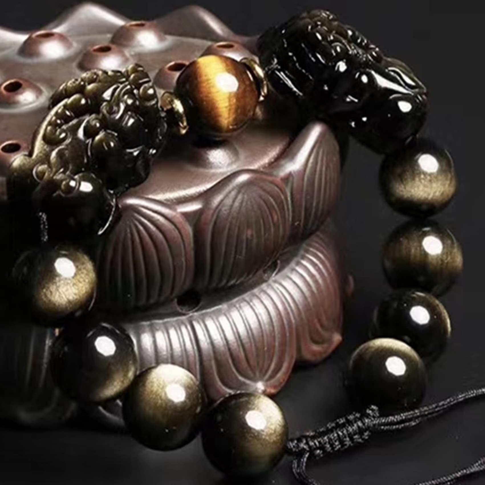 Braccialetto Feng Shui in ossidiana nera, braccialetto Pixiu Dragon, braccialetto regolabile per ricchezza, talismano, cristallo Reiki, chakra, quarzo, per donne e uomini
