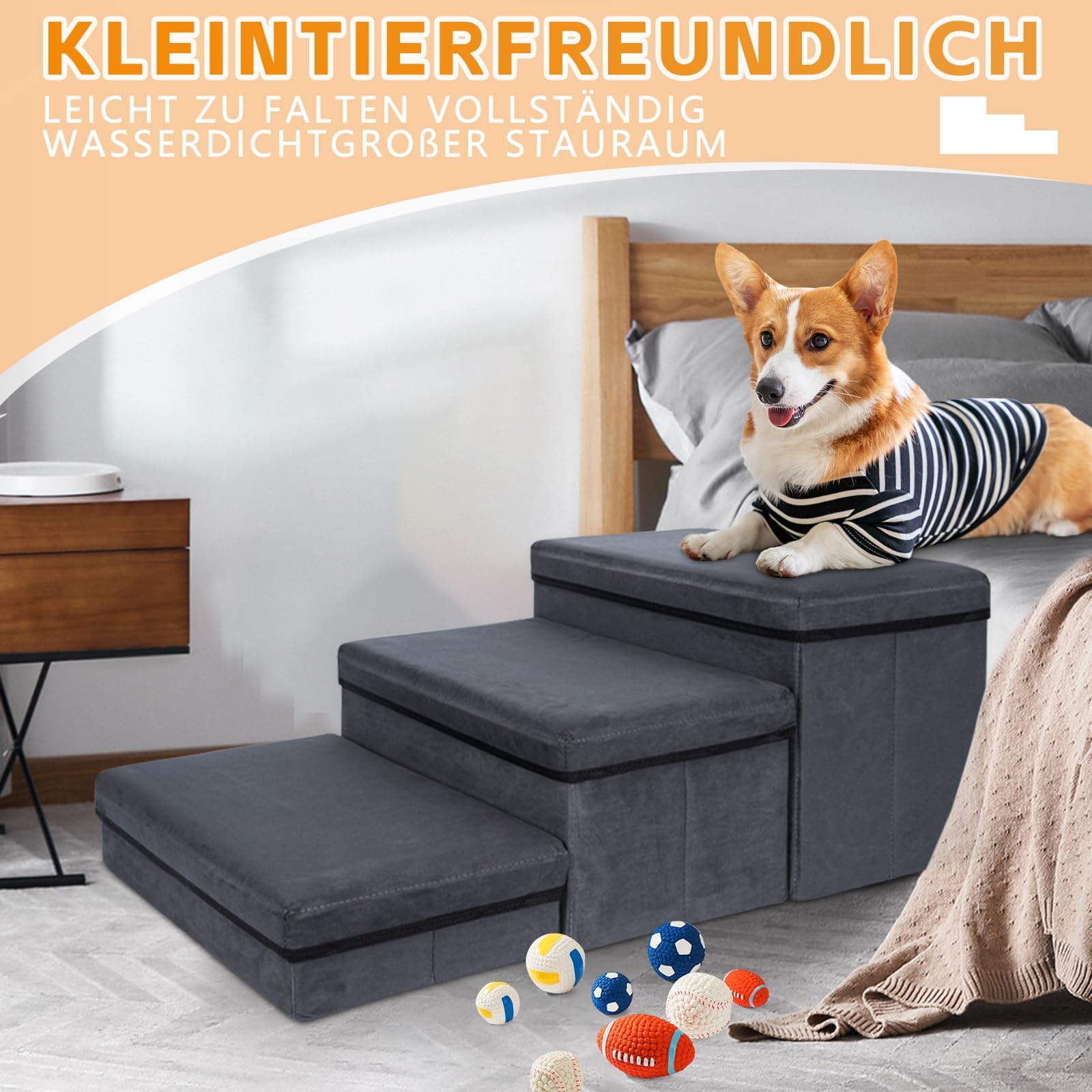 Scala Pieghevole Per Cani Piccoli - 3 Gradini Con Vano Portaoggetti, Grigio, Portata 30kg - Foto 3